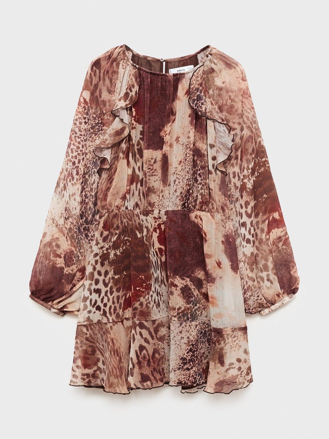 Product image 3 of 7, which shows Mango Butcher Long Sleeved Animal Print Dress, Brown, 10