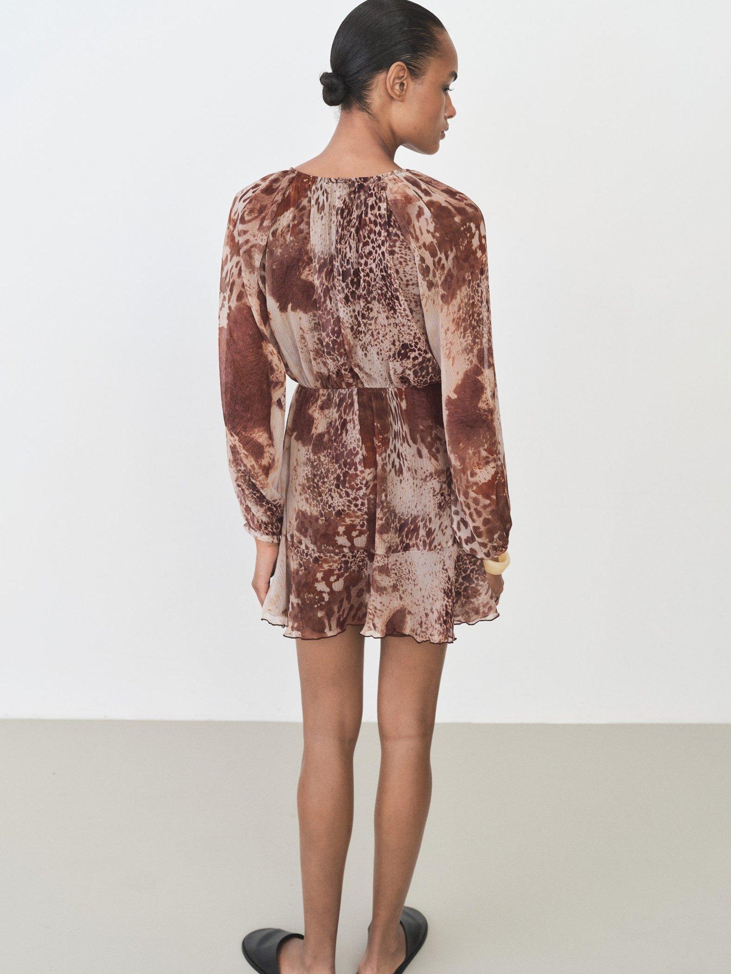 Product image 4 of 7, which shows Mango Butcher Long Sleeved Animal Print Dress, Brown, 10