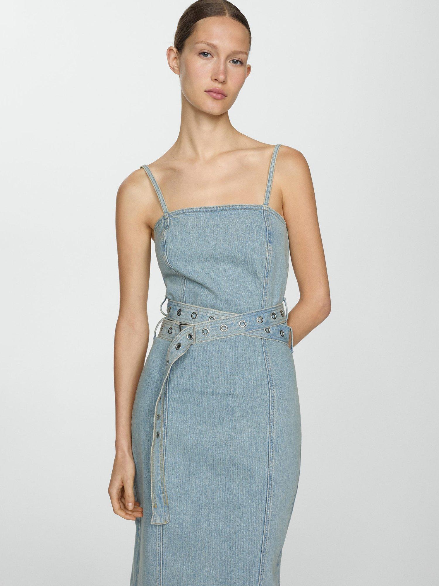 Product image 2 of 8, which shows Mango Marena Belted Denim Dress, Mid Blue, 14