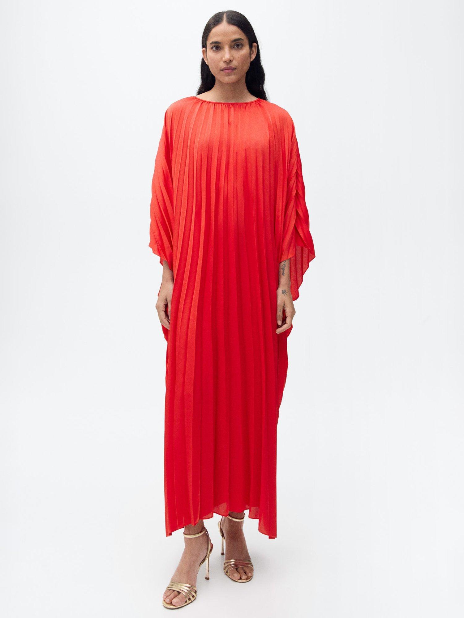 Product image 1 of 7, which shows Mango Nube Satin Pleated Loose Maxi Dress, Red, 10