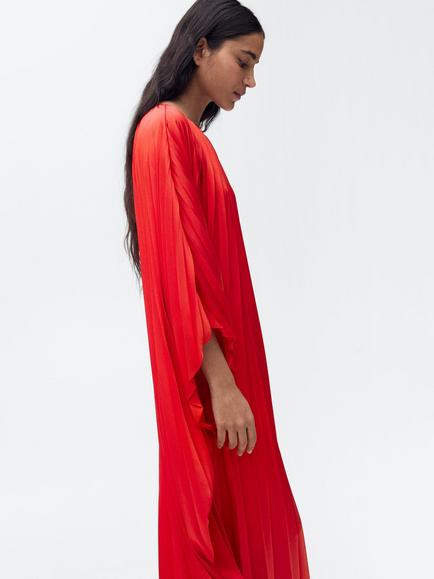 Mango Nube Satin Pleated Loose Maxi Dress, Red - view 2, Red