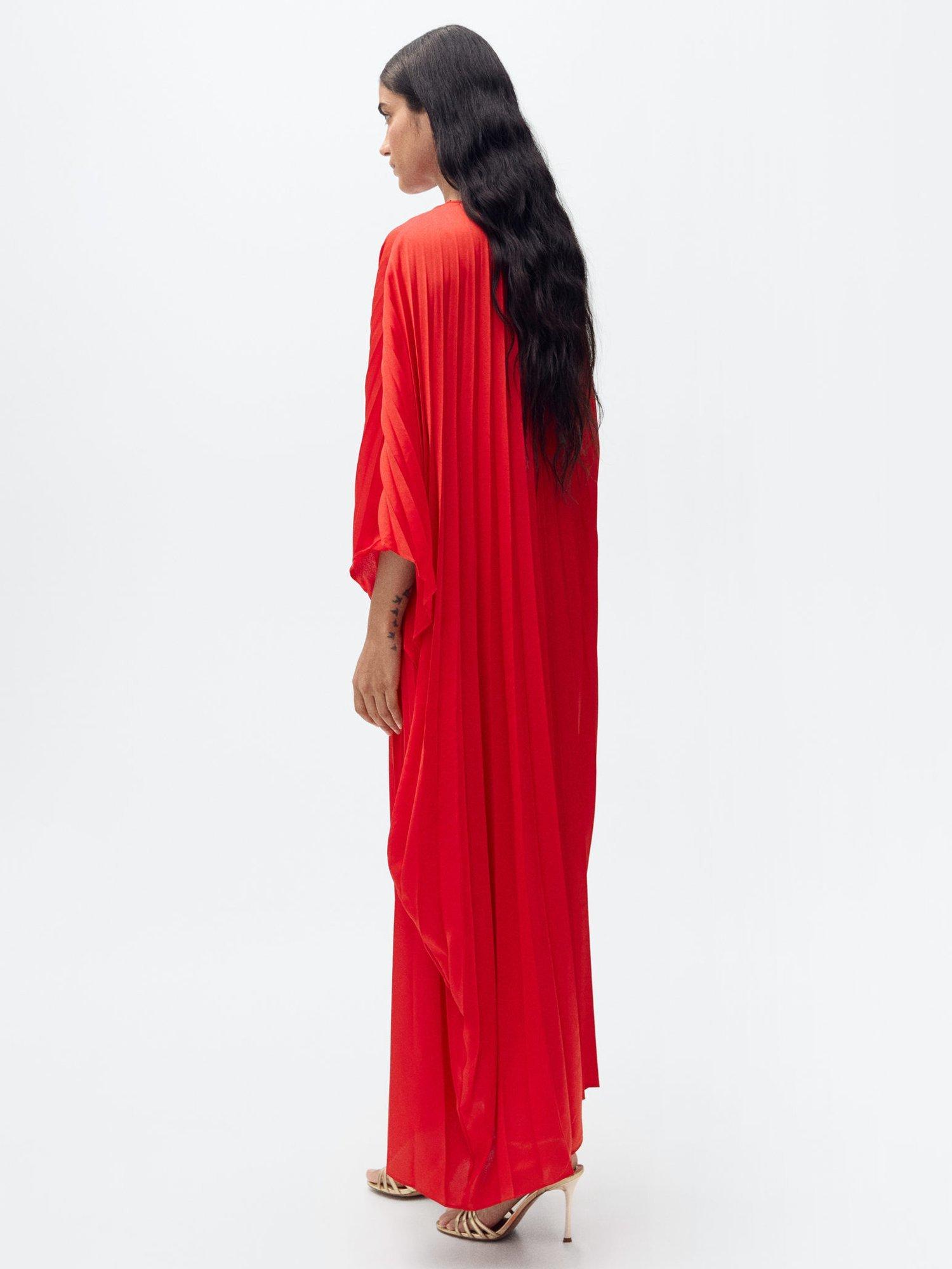 Product image 4 of 7, which shows Mango Nube Satin Pleated Loose Maxi Dress, Red, 10