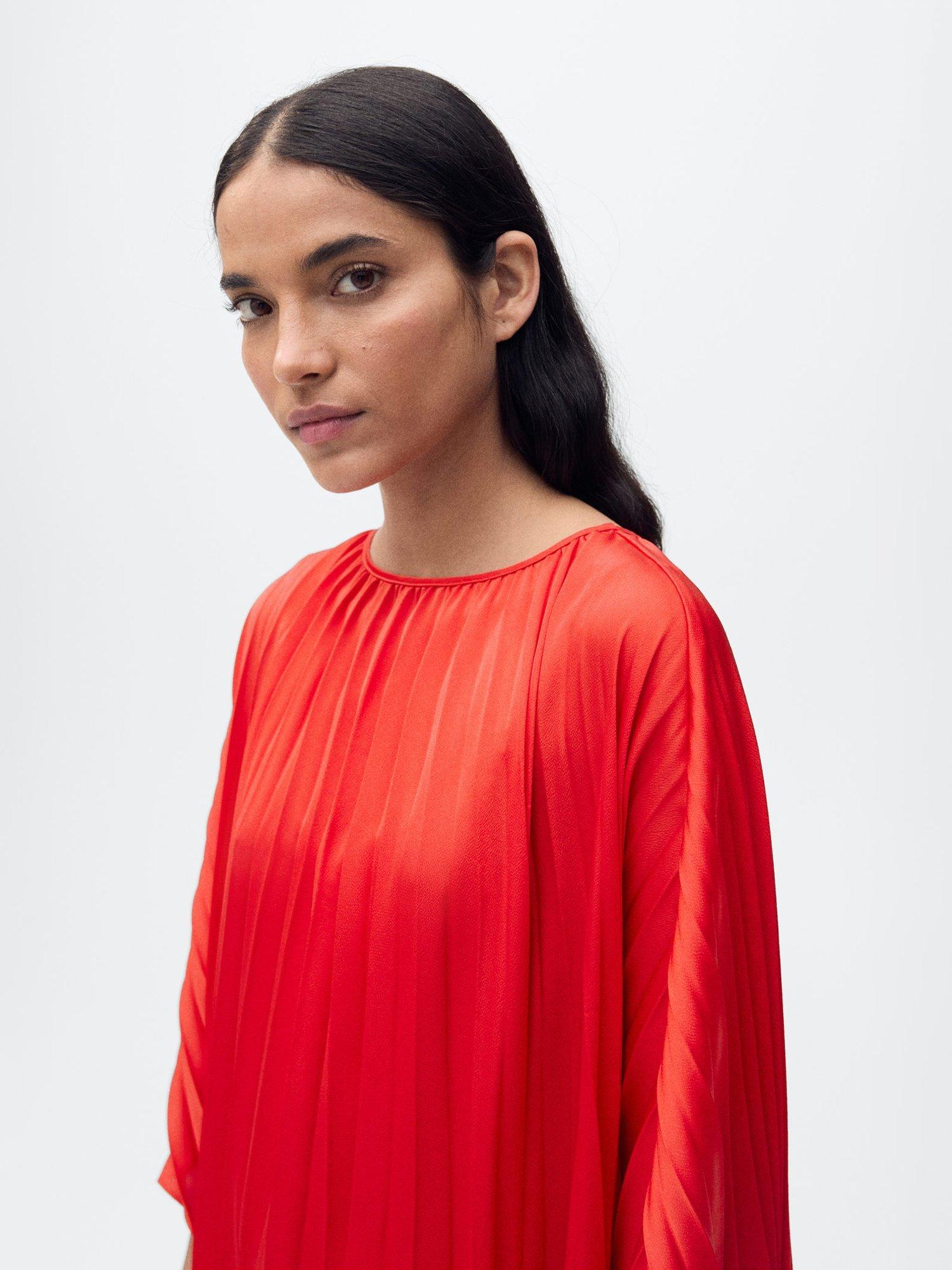 Product image 6 of 7, which shows Mango Nube Satin Pleated Loose Maxi Dress, Red, 10