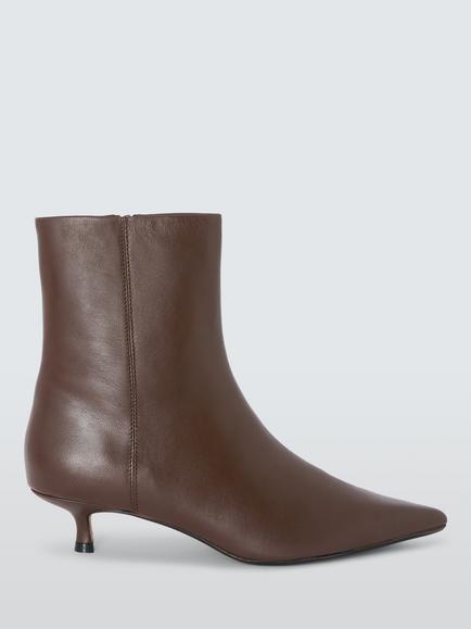 John Lewis Otto Leather Pointed Toe Kitten Heel Ankle Boots, Chocolate