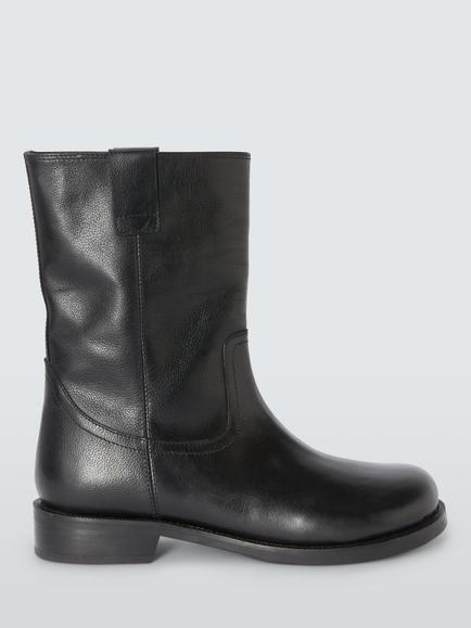 John Lewis Polo Leather Round Toe Calf Boots, Black, Black