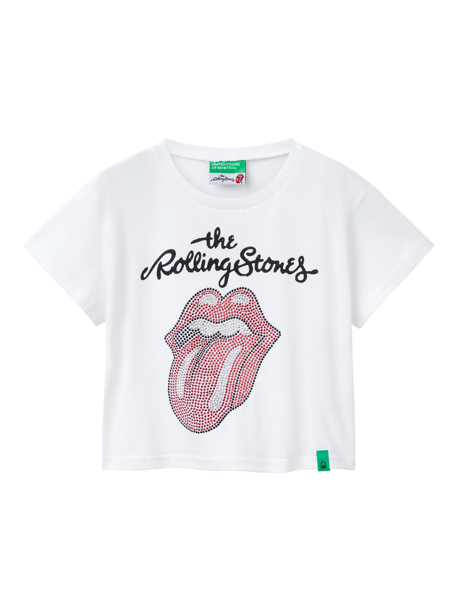 Benetton Kids' The Rolling Stones Graphic Cropped T-Shirt, Optical White