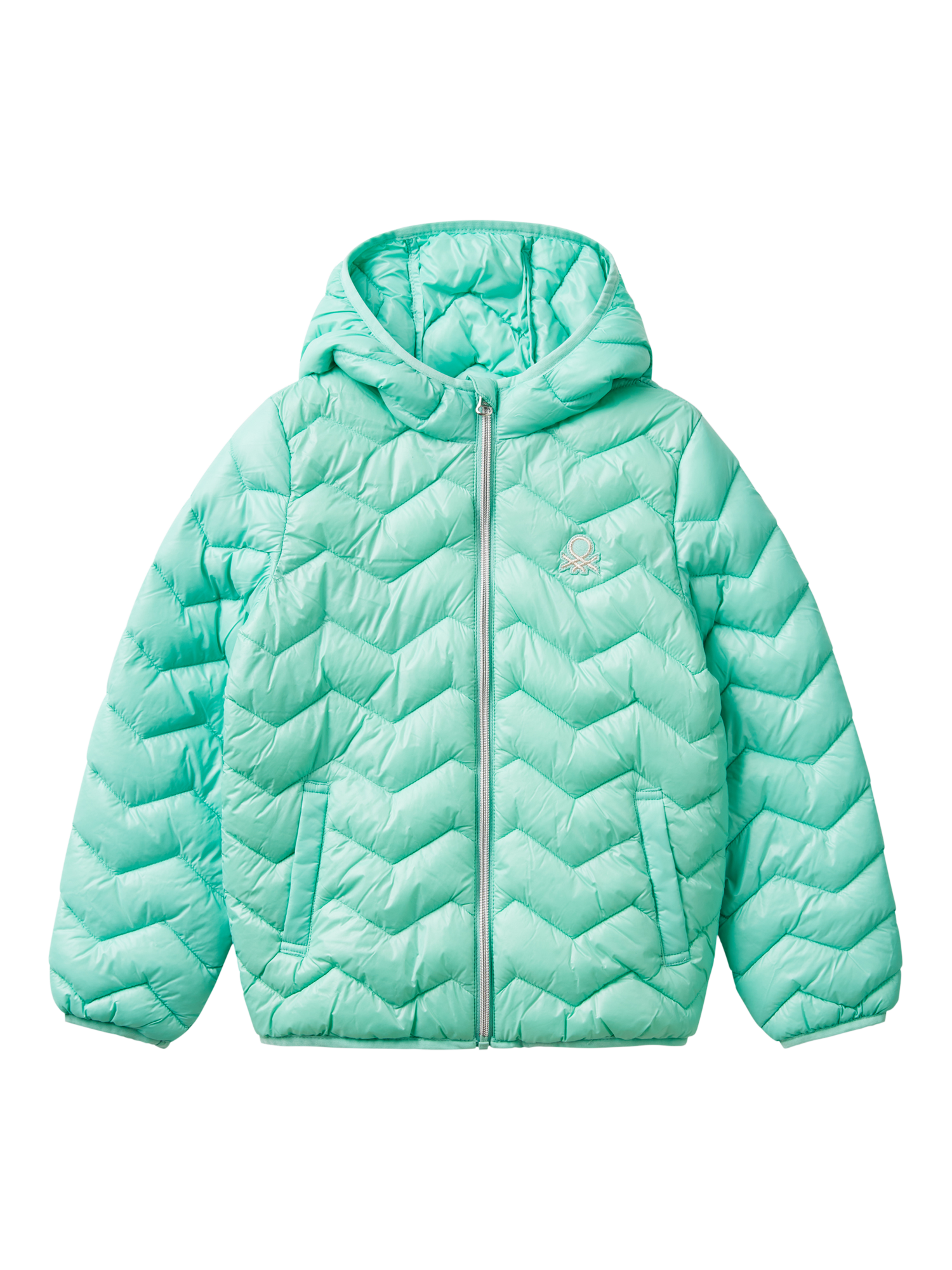 Benetton Kids' Zig Zag Quilted Hooded Jacket, Teal Green
