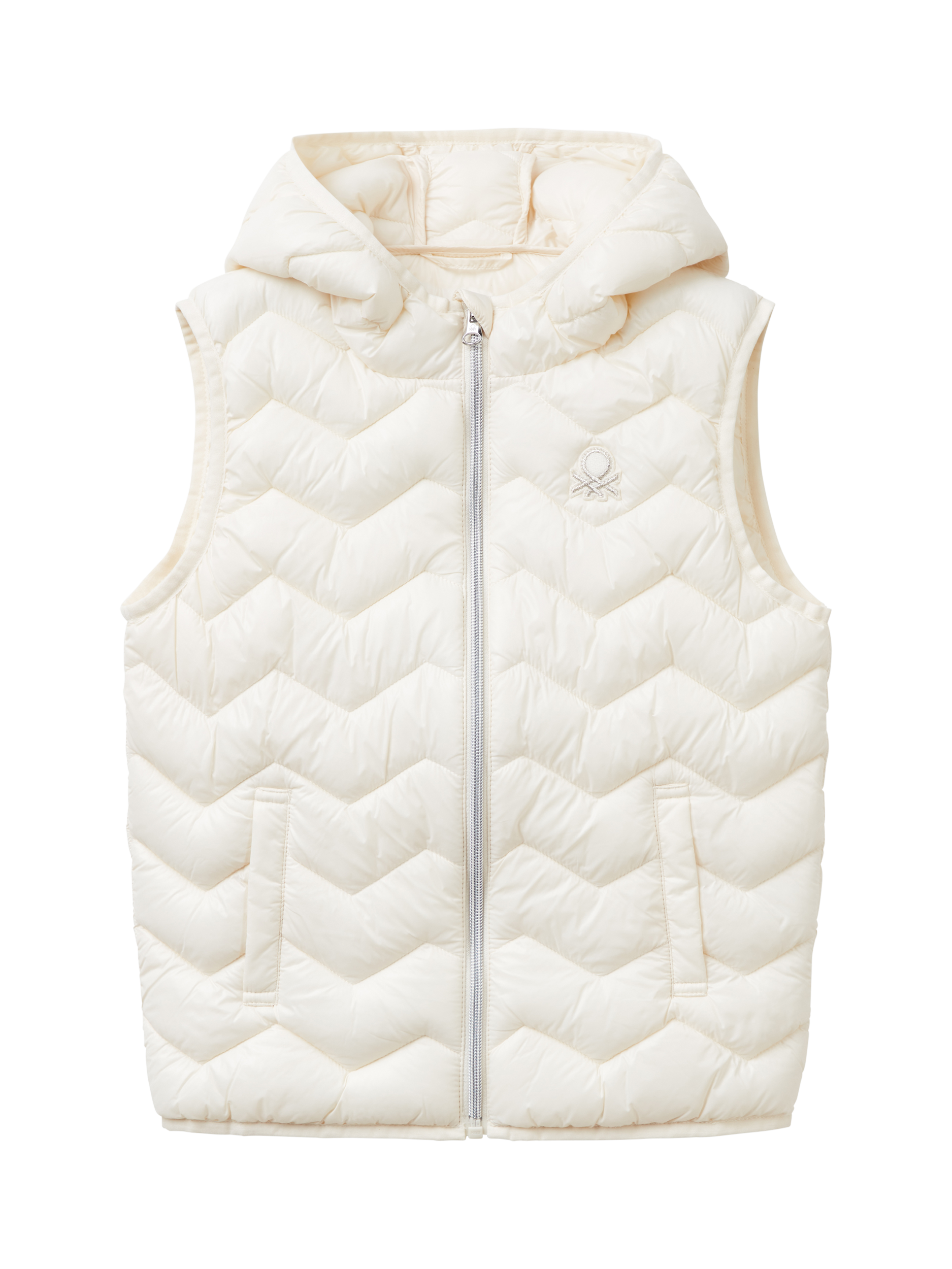 Benetton Kids' Zig Zag Quilted Hooded Gilet, White Cream