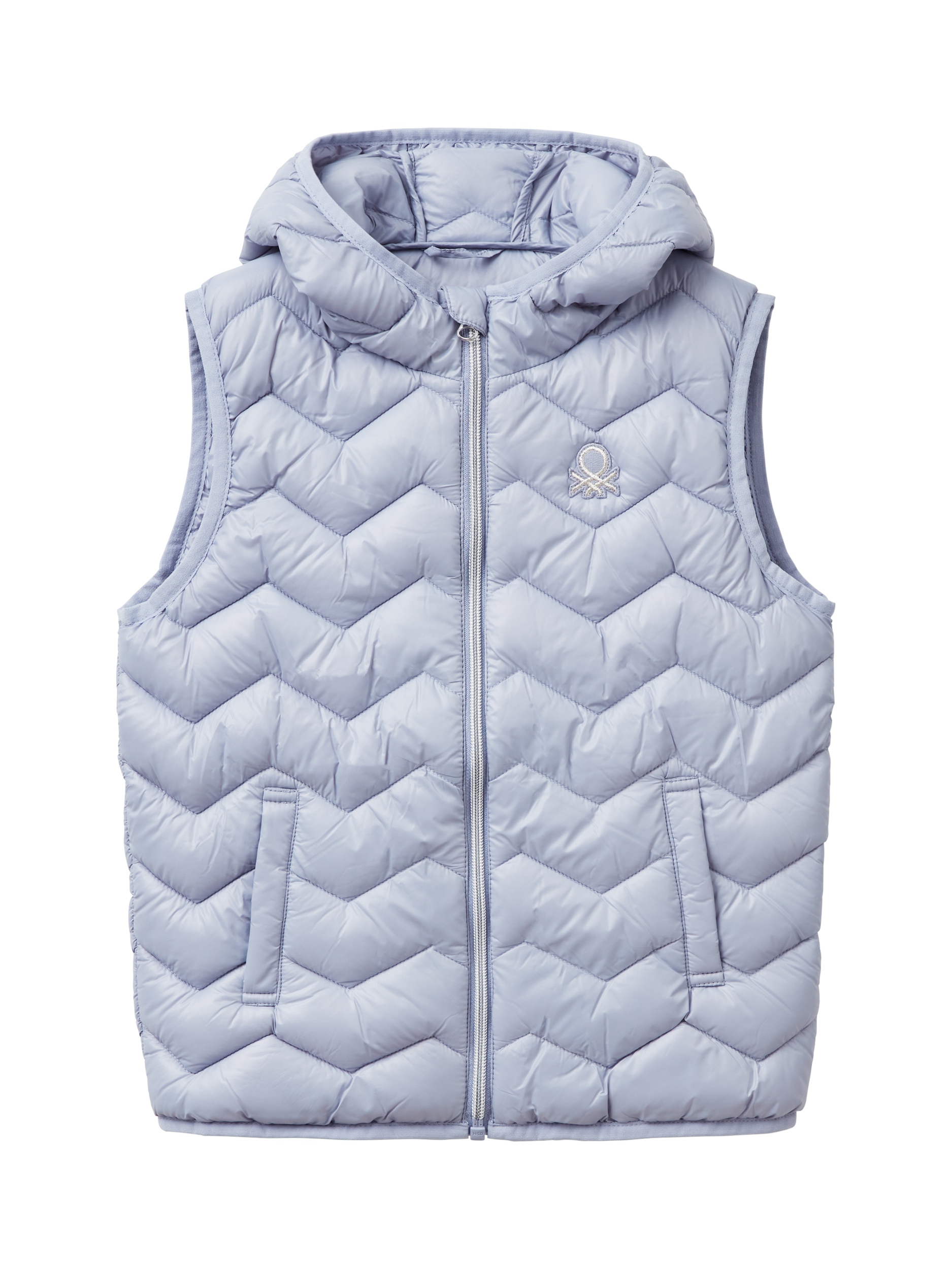 Product image 1 of 3, which shows Benetton Kids' Zig Zag Quilted Hooded Gilet, Periwinkle, 6-7 years