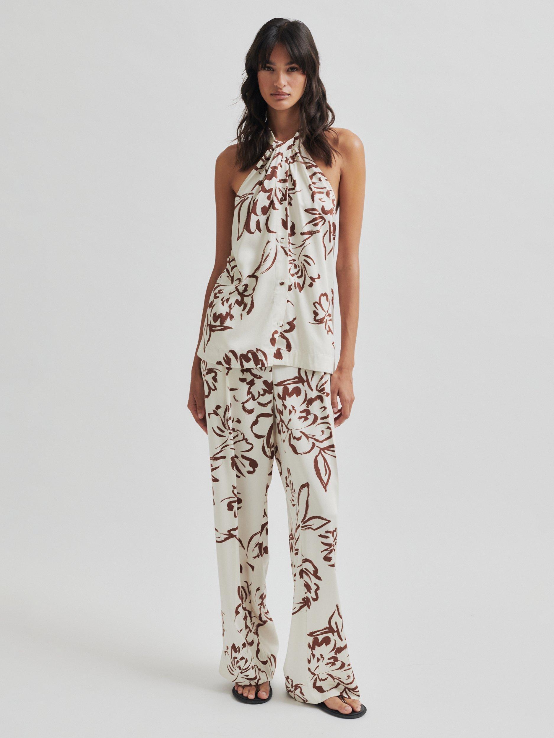 Product image 1 of 5, which shows Second Female Blooming Floral Print Loose Fit Trousers, White/Brown, XS