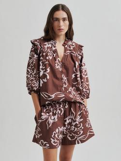 Second Female Bloem Floral Print Cotton Shirt, Brown/White, Brown/White