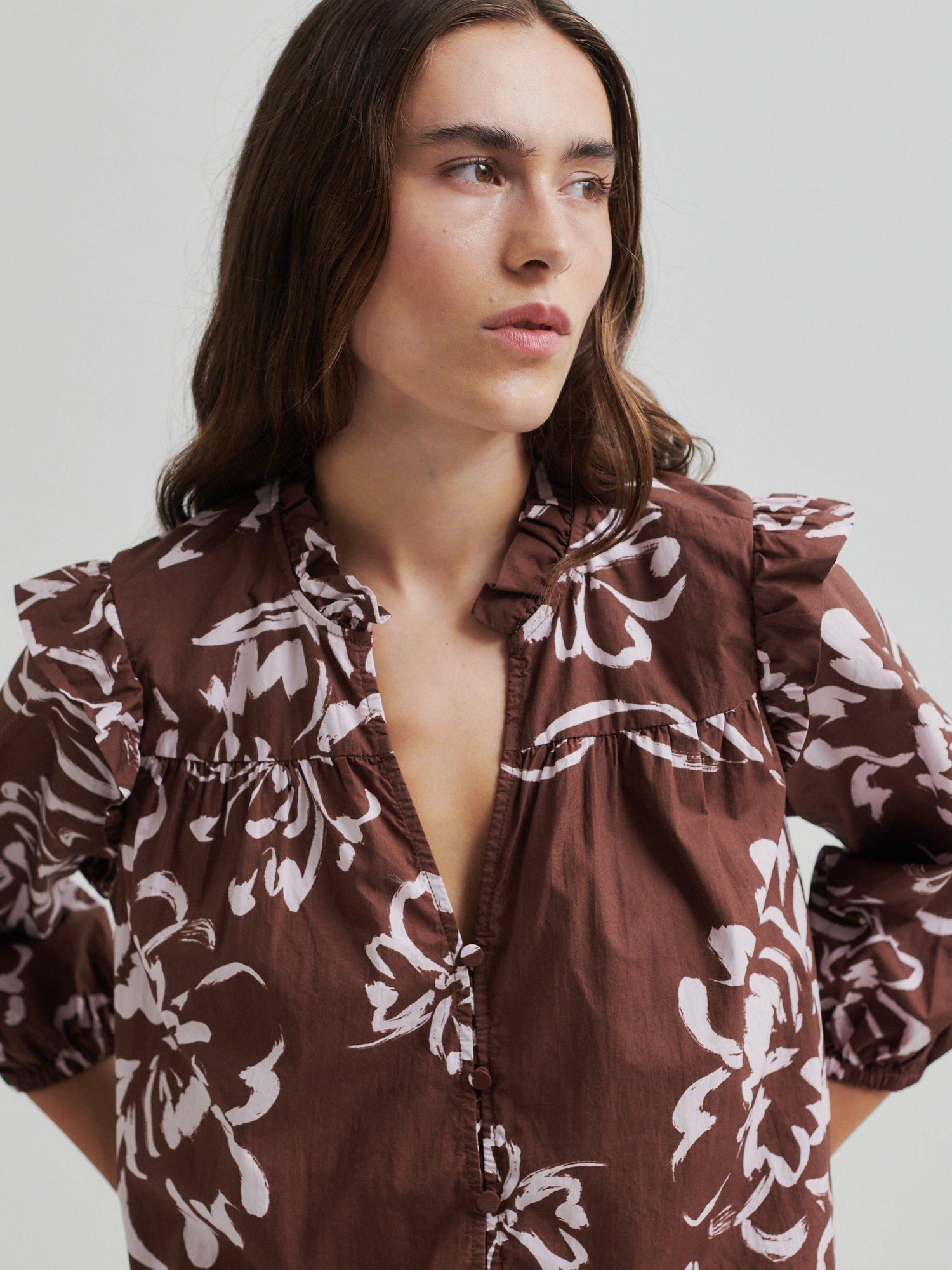Product image 2 of 7, which shows Second Female Bloem Floral Print Cotton Shirt, Brown/White, XS