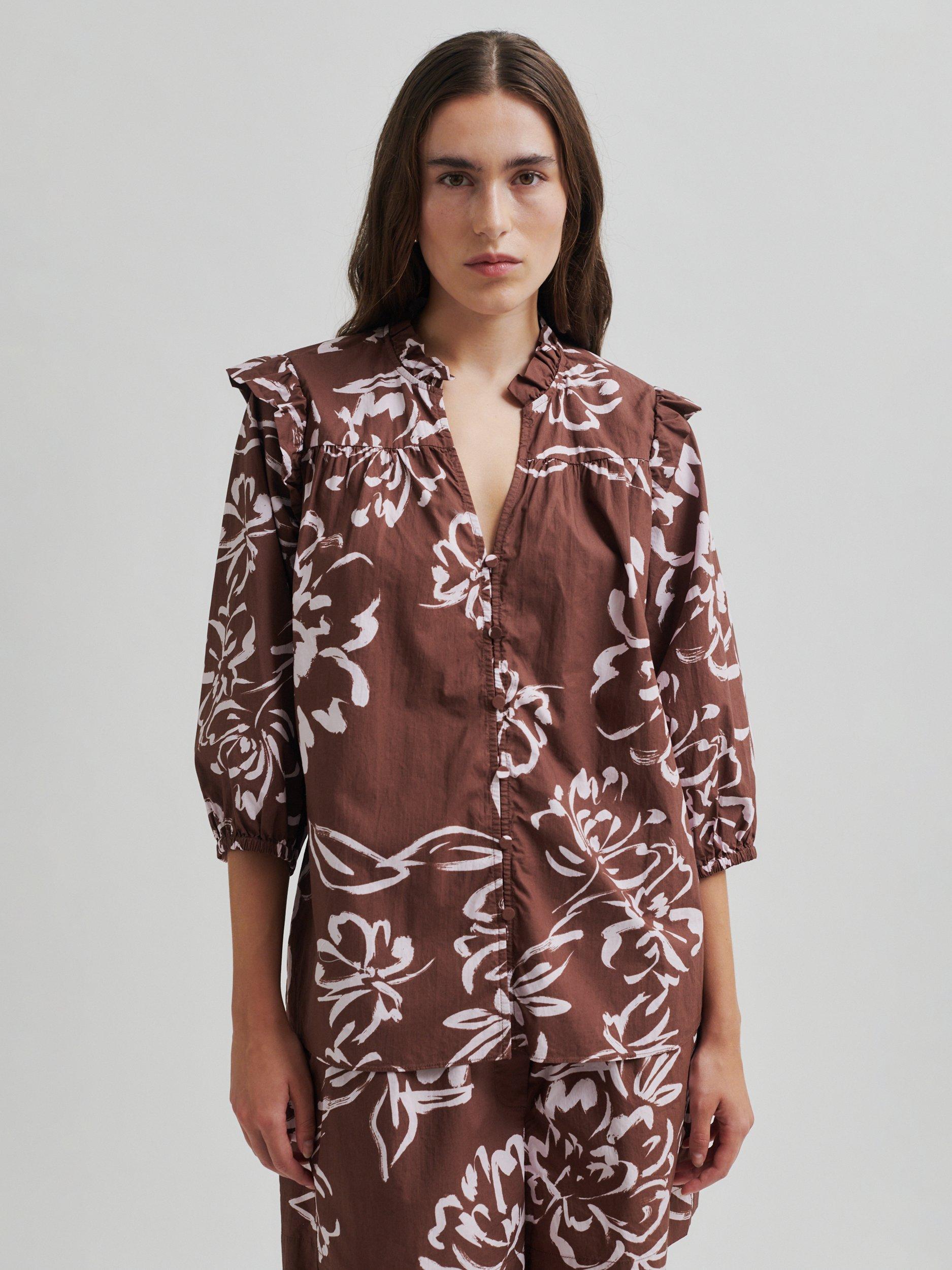 Product image 3 of 7, which shows Second Female Bloem Floral Print Cotton Shirt, Brown/White, XS