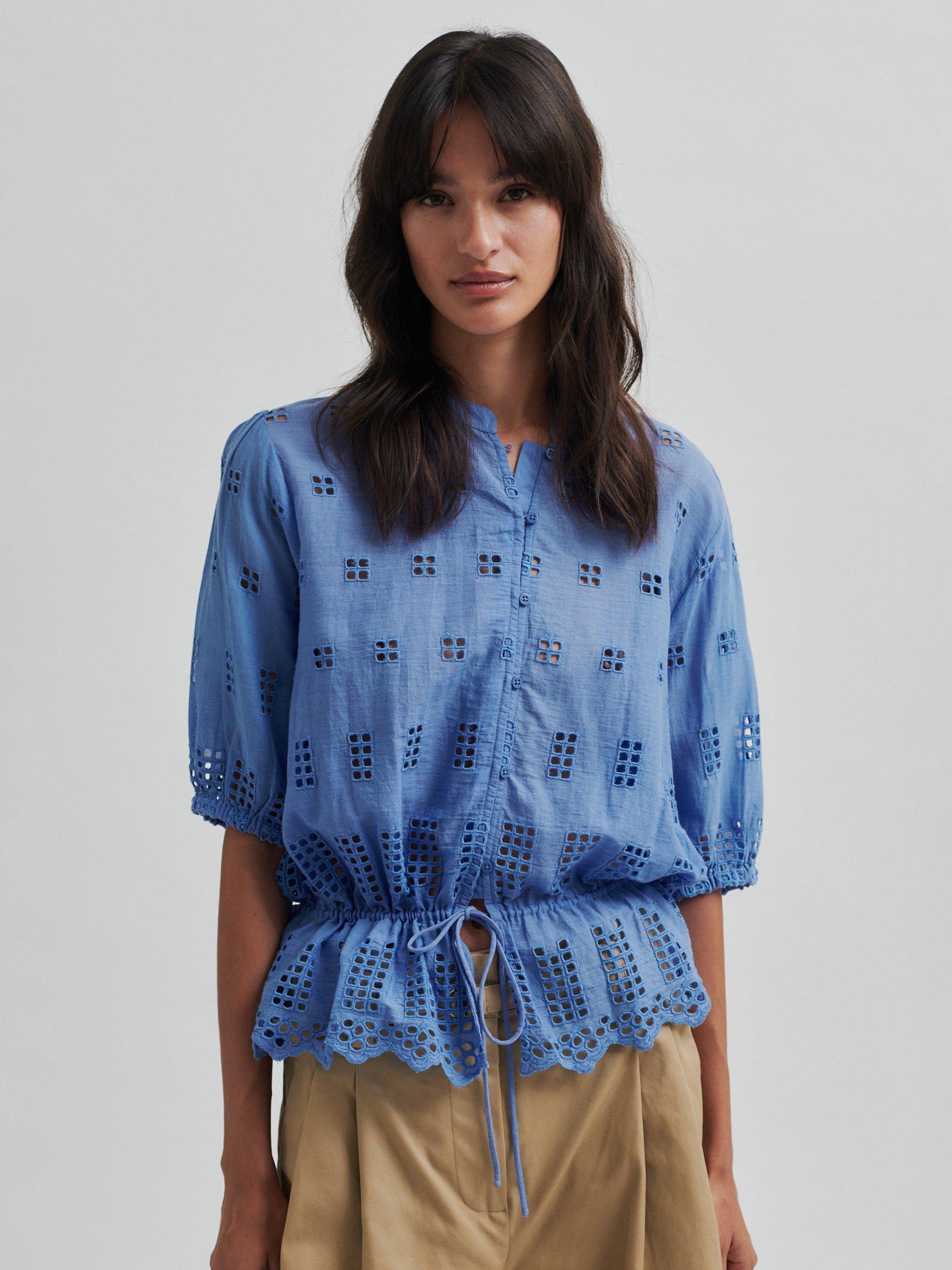 Product image 1 of 6, which shows Second Female Elenore Cotton Broderie Shirt, Blue, 6|8