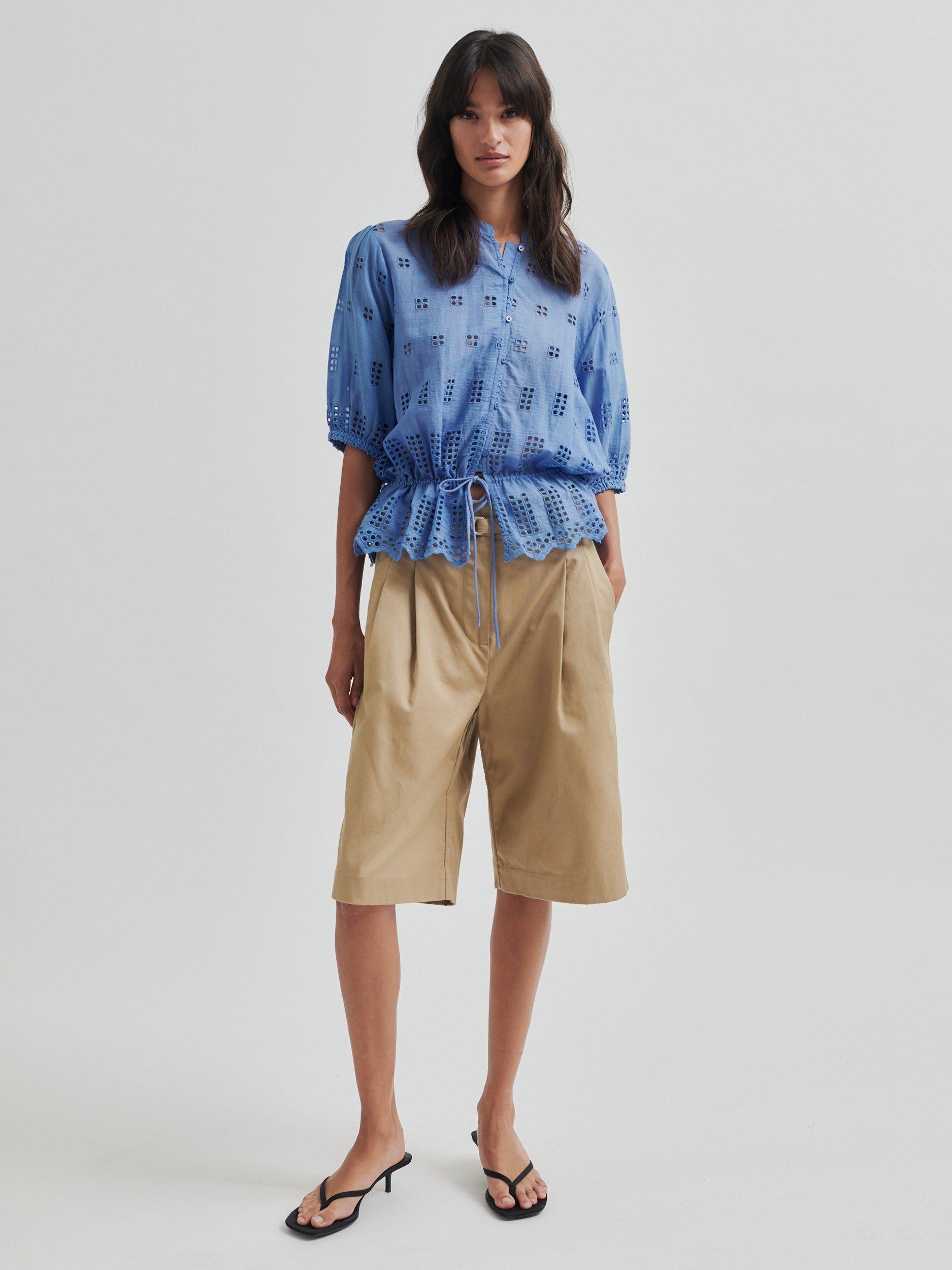 Product image 3 of 6, which shows Second Female Elenore Cotton Broderie Shirt, Blue, 6|8