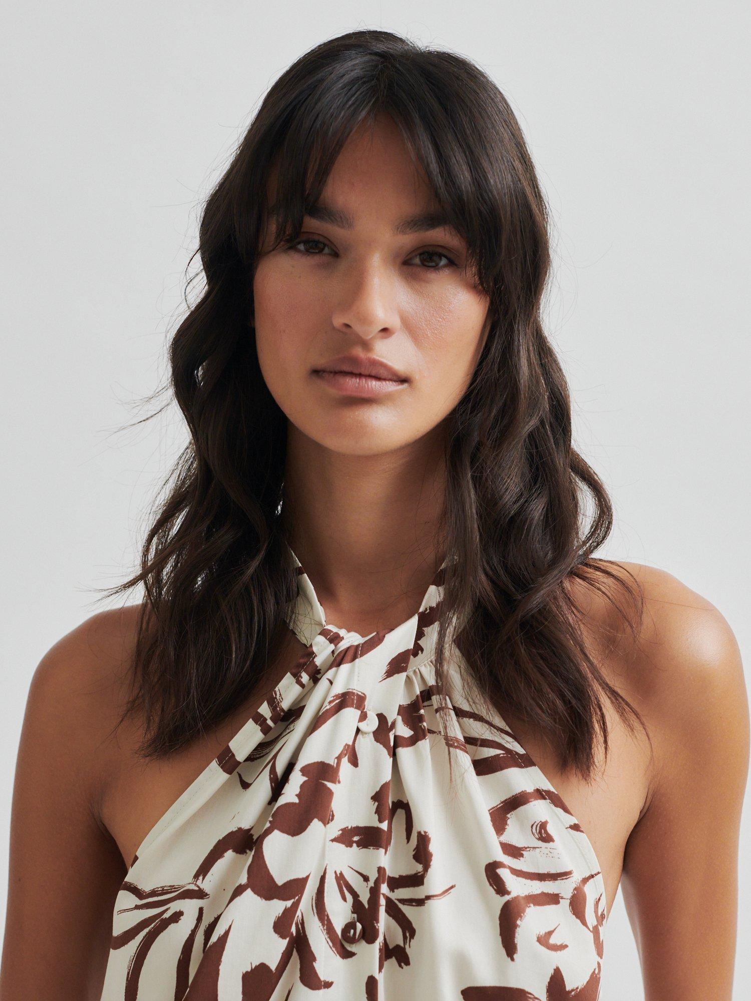 Product image 2 of 8, which shows Second Female Blooming Floral Print Halterneck Top, White/Brown, XS