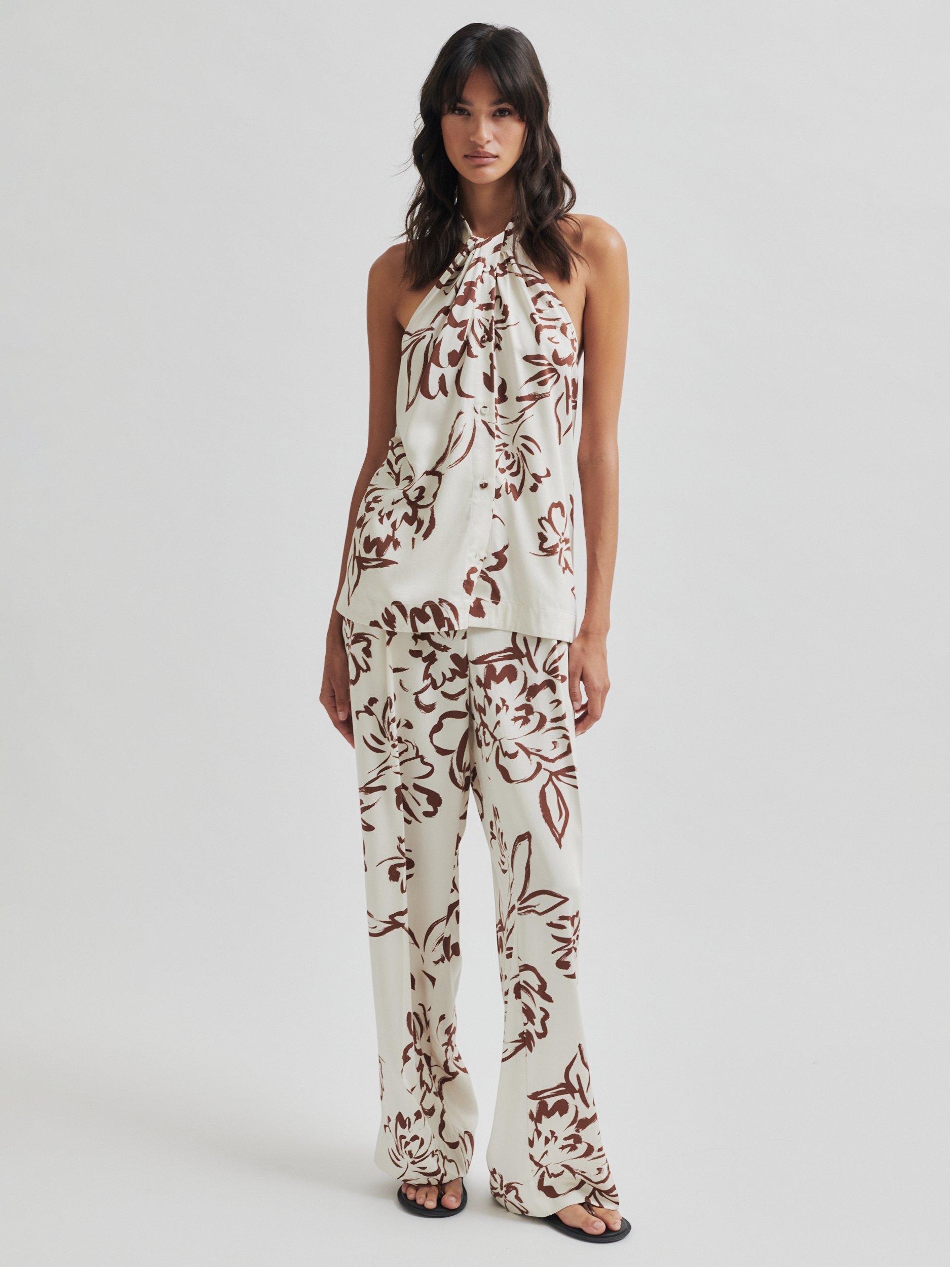 Product image 3 of 8, which shows Second Female Blooming Floral Print Halterneck Top, White/Brown, XS