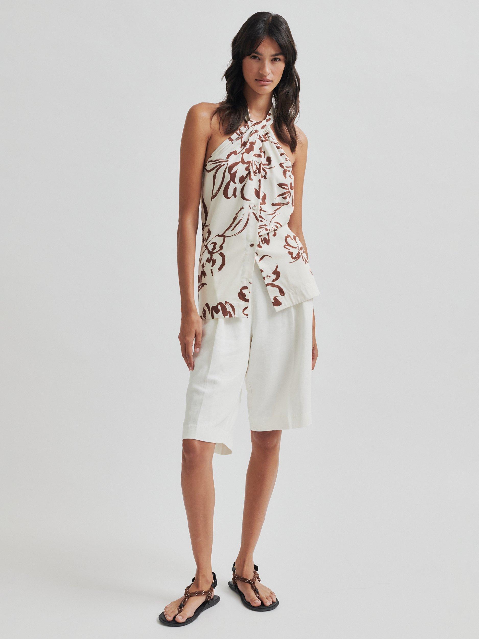 Product image 5 of 8, which shows Second Female Blooming Floral Print Halterneck Top, White/Brown, XS