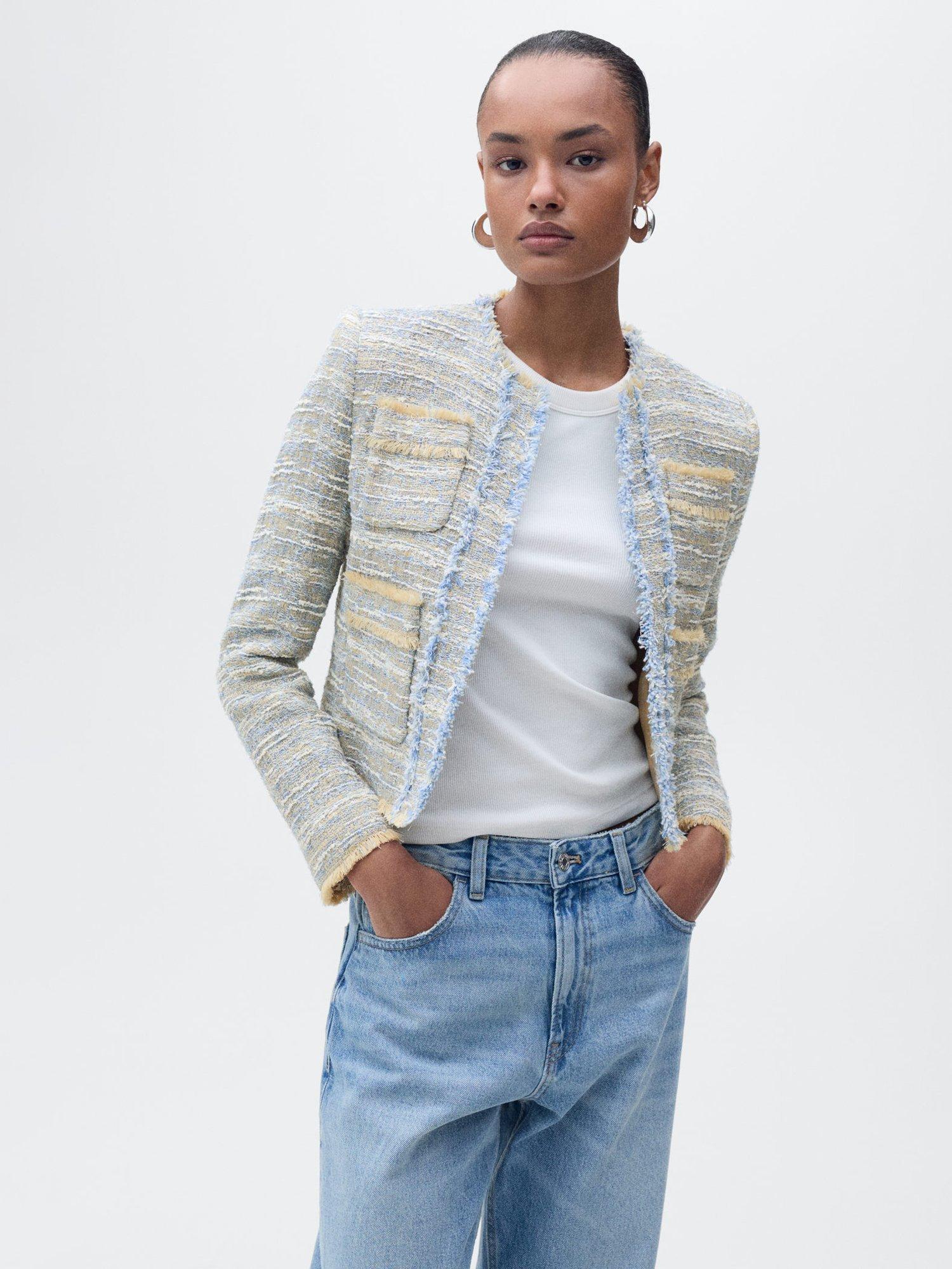 Product image 1 of 9, which shows Mango Salt Tweed Jacket, Pastel Blue, XS