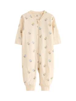 Lindex Baby Cotton Floral Print Sleepsuit, Light Beige, Light Beige