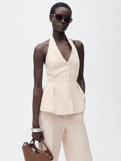 Mango Miso Halterneck Peplum Waistcoat, Light Beige, Blush