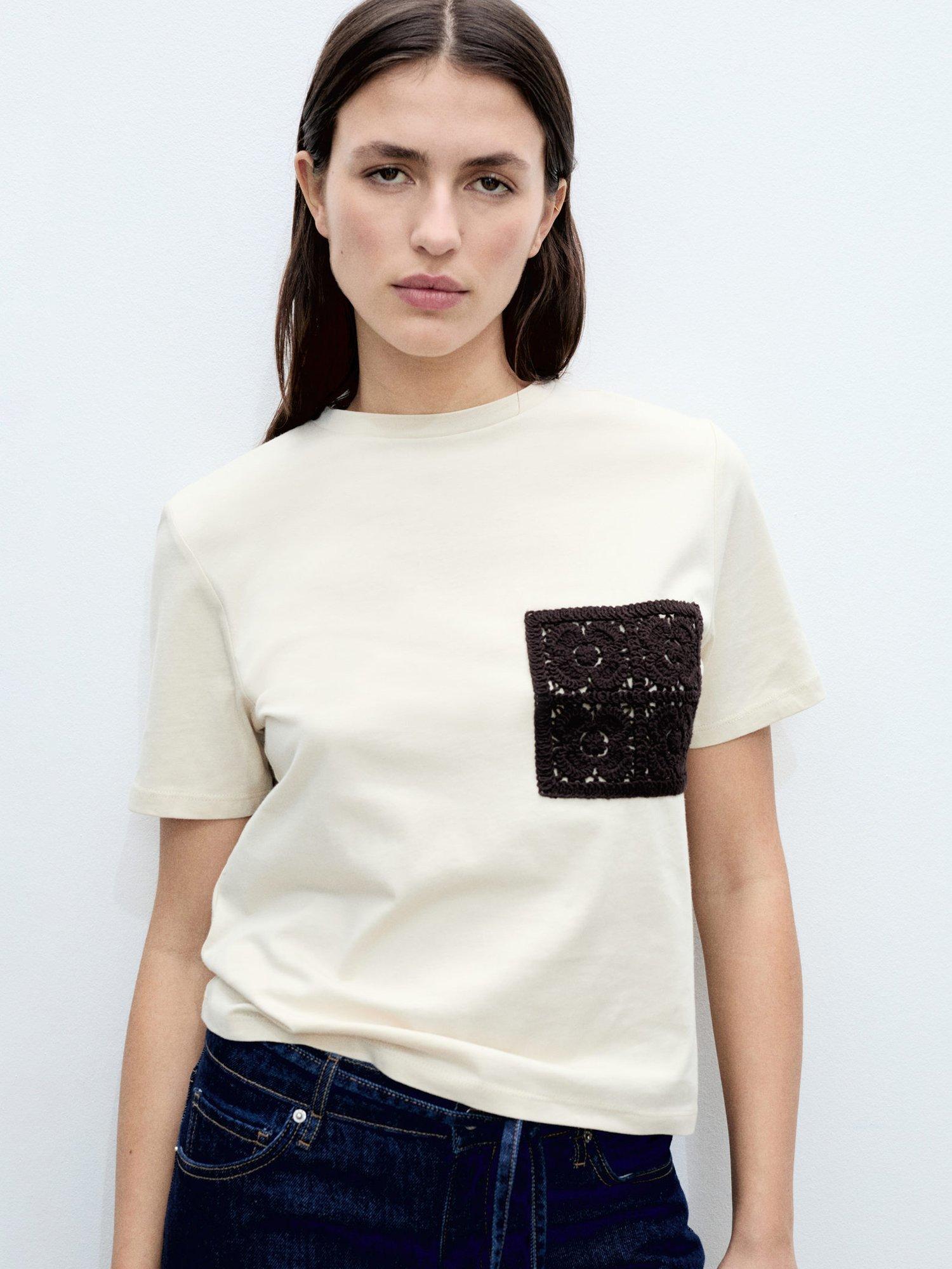 Mango Daisy Crochet Patch T-Shirt, Light Beige