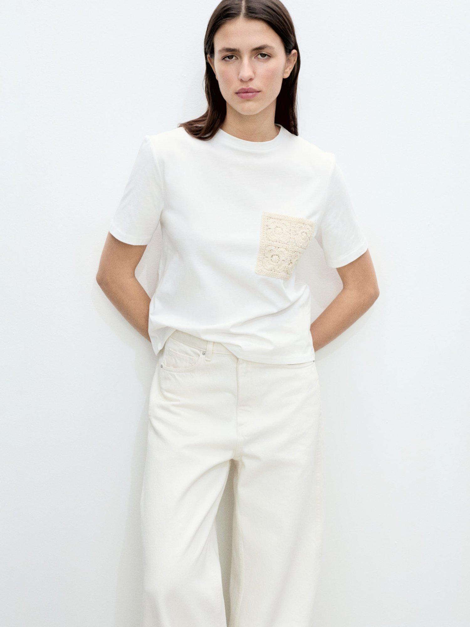 Mango Daisy Crochet Patch T-Shirt, White