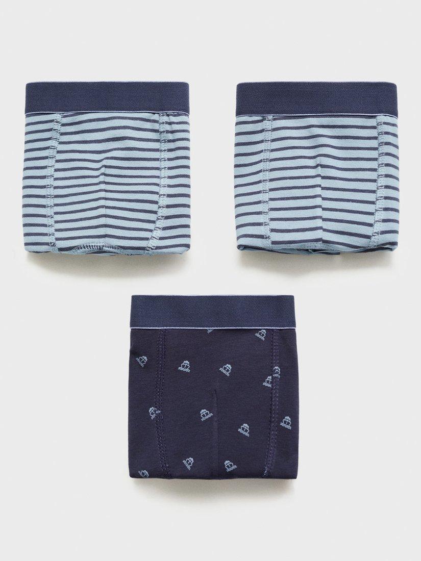 Product image 1 of 4, which shows Mango Kids' Stripes and Boats Boxer Shorts, Pack of 3, Medium Blue, 11-12 years