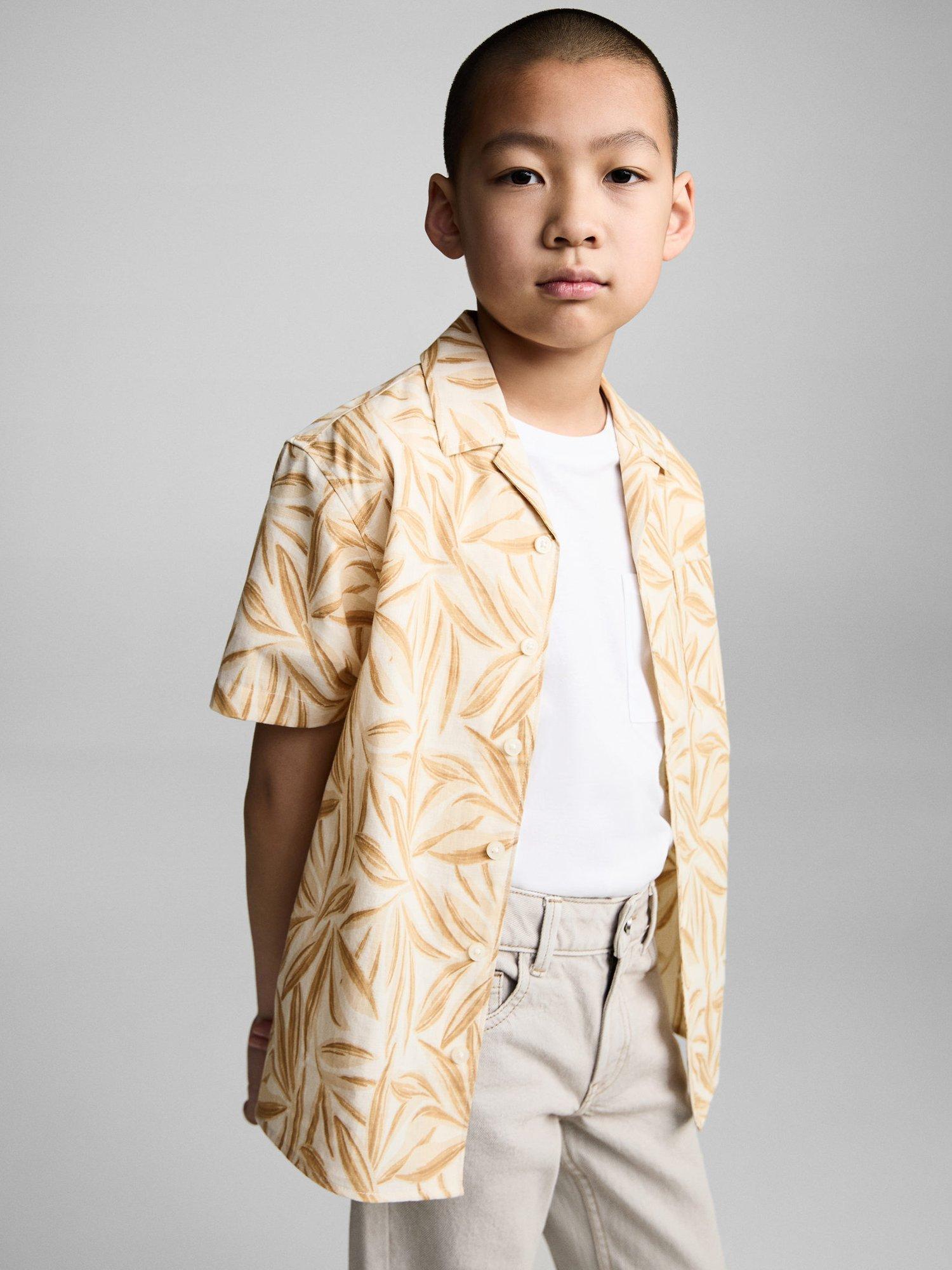 Product image 1 of 7, which shows Mango Kids' Kondo Tropical Print Shirt, Dark Yellow, 8 years