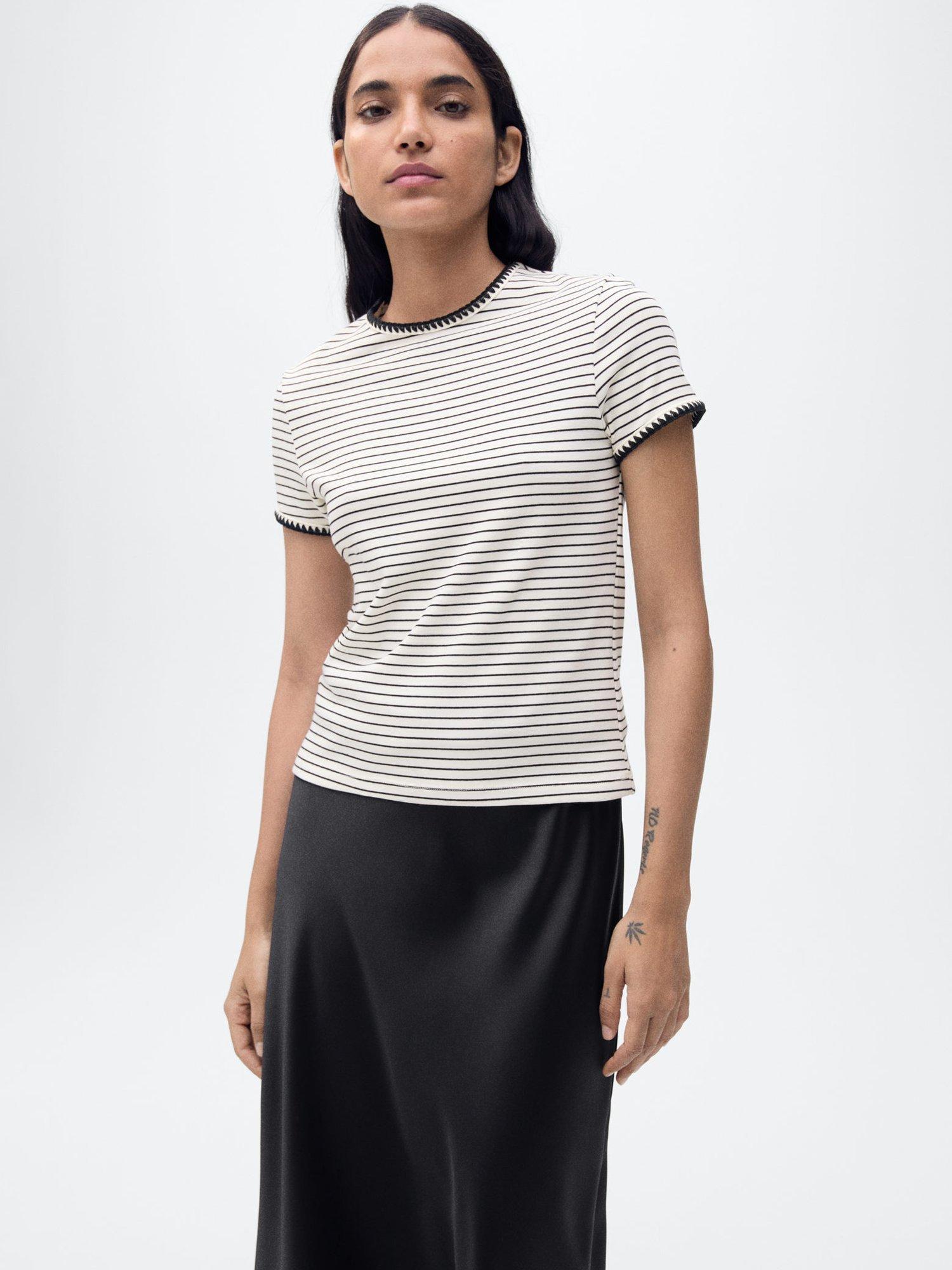 Product image 1 of 8, which shows Mango Lirio Cotton Stripe Print T-shirt, White/Multi, 14|16
