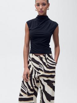 Mango Zebra Linen Cotton Blend Wide Leg Trousers, Multi, Multi