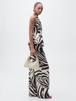 Mango Zebra Linen Cotton Blend Wide Leg Trousers, Multi - view 2, Multi