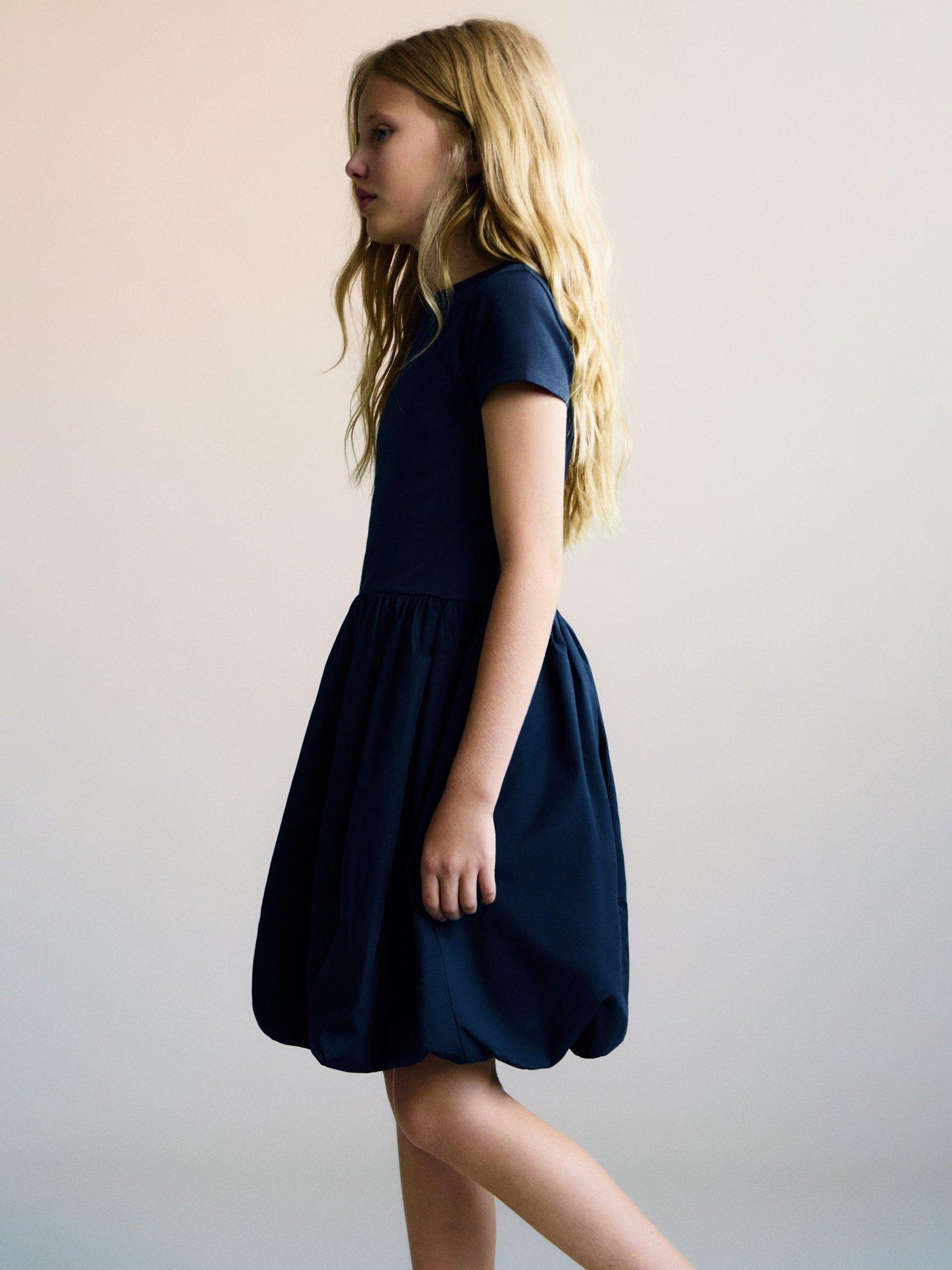 Mango Kids' Cotton Short Sleeve Balloon Dress, Navy