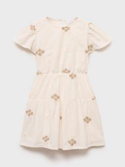 Mango Kids' Tiramisu Cotton-Linen Embroidered Dress, Natural White, Natural White