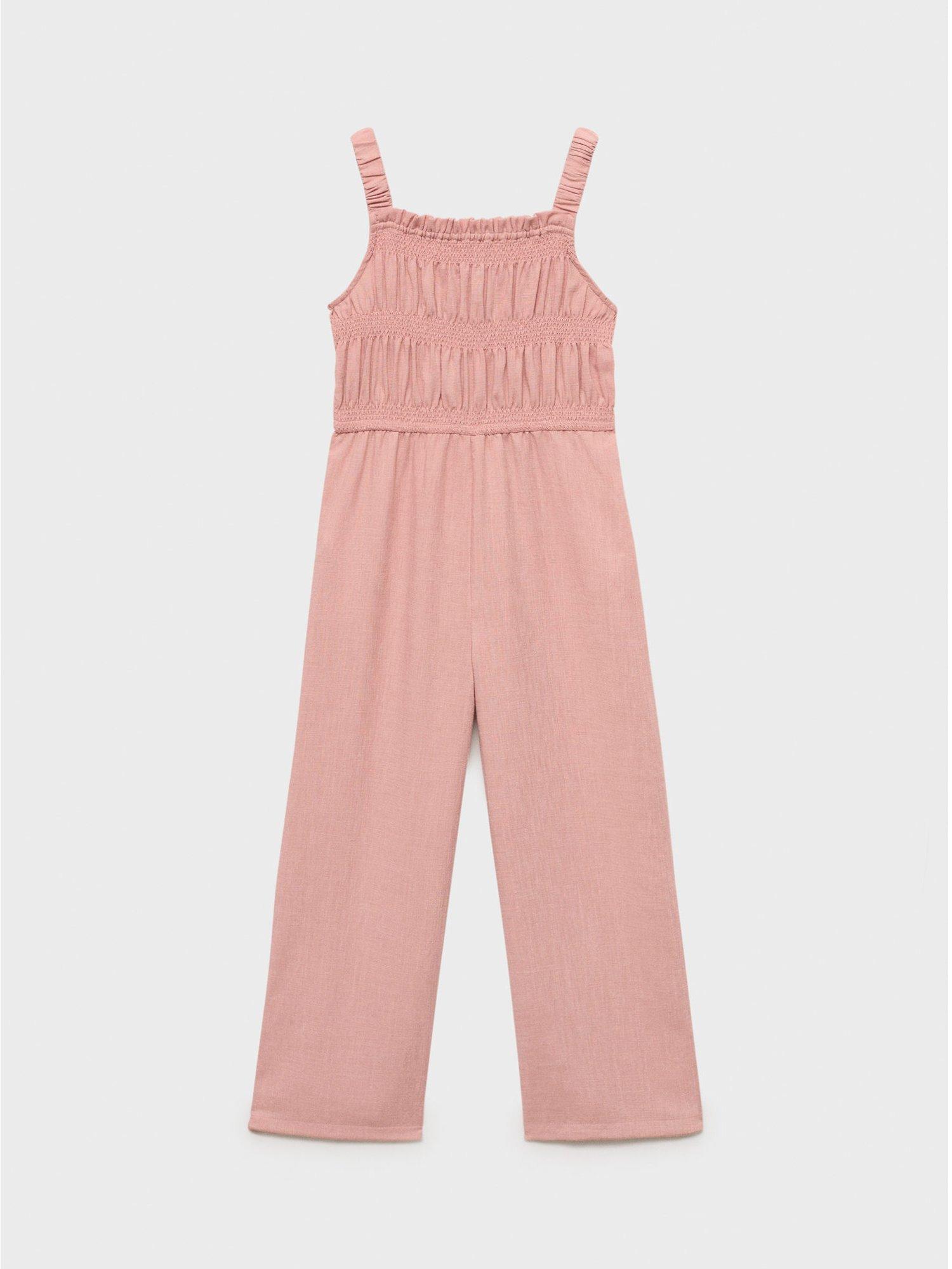 Product image 1 of 4, which shows Mango Kids' Ruched Wide Strap Jumpsuit, Pink, 10 years