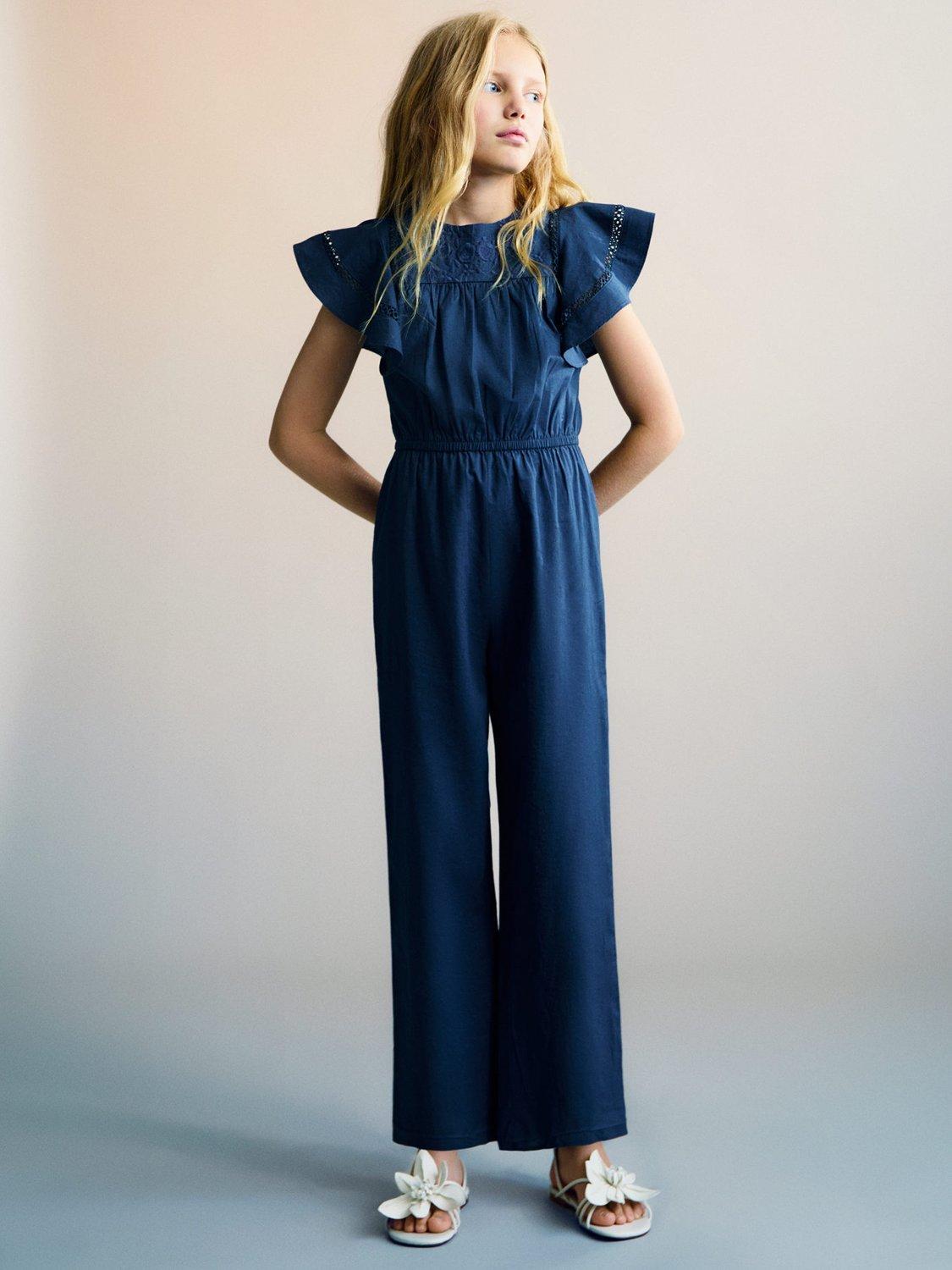 Mango Kids' Tamariu Cotton Embroidered Jumpsuit, Navy
