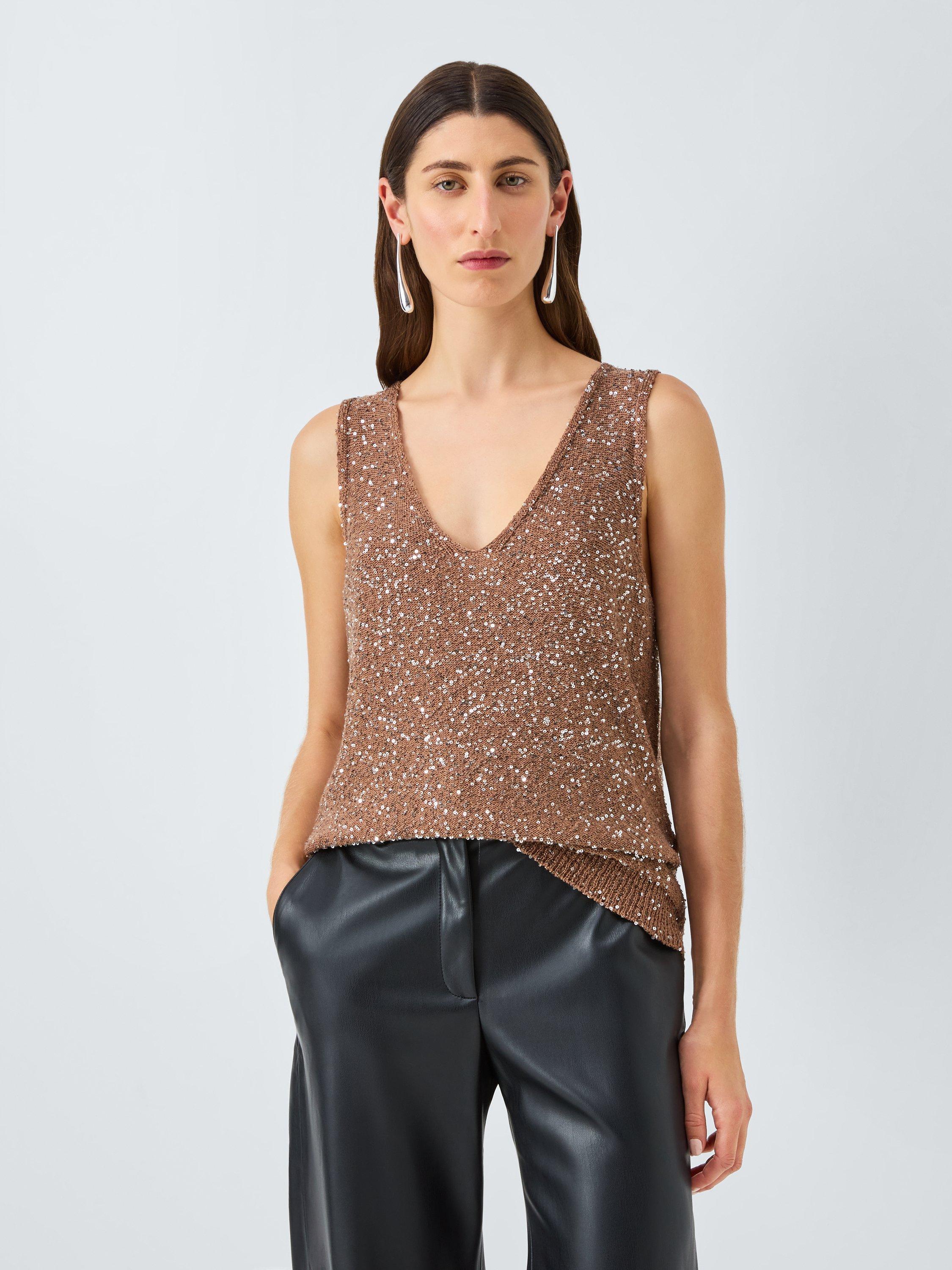 Product image 1 of 6, which shows Weekend MaxMara Acaici Sleeveless V Neck Embellished Tank Top, Marron Glace', S