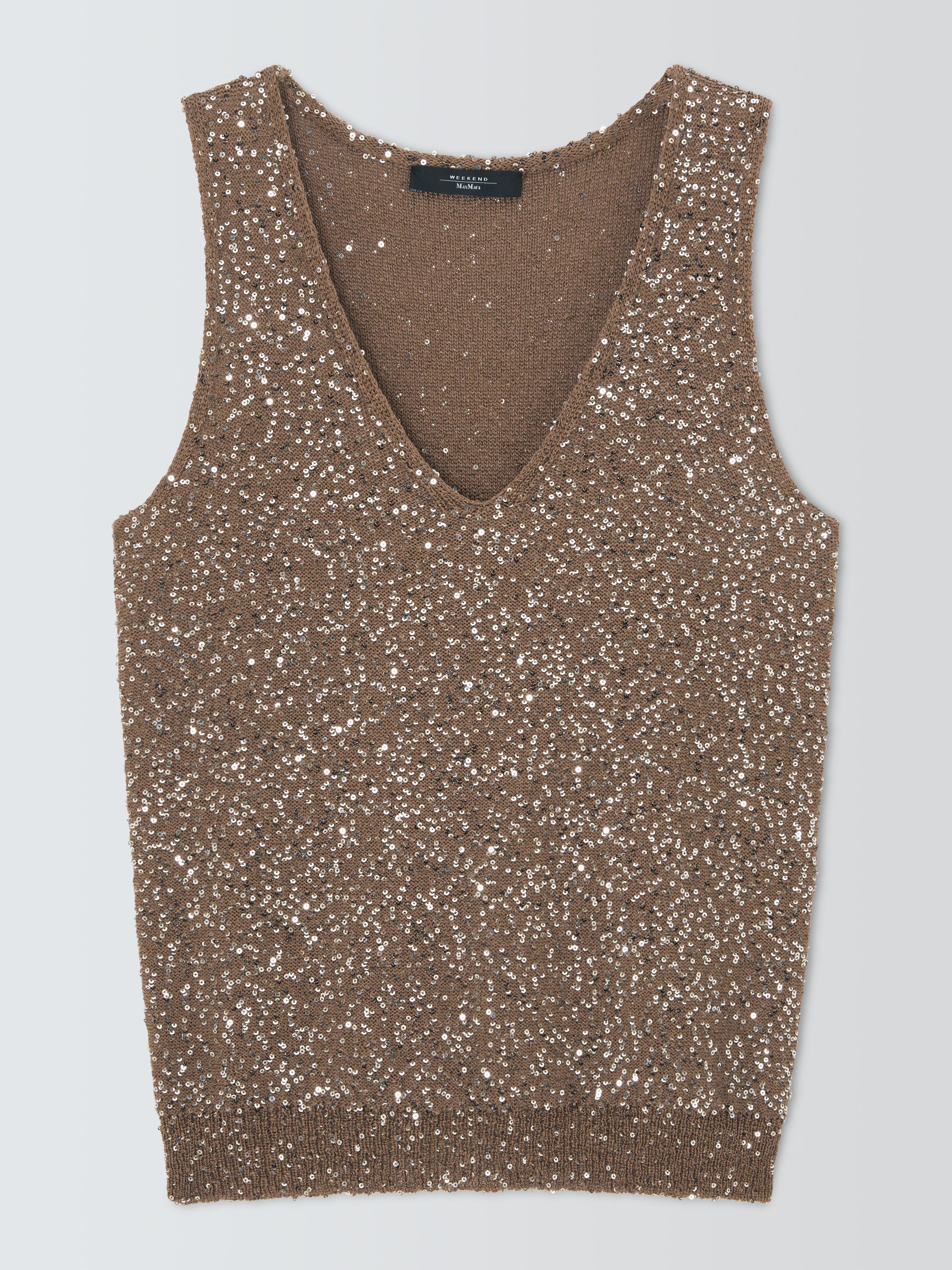 Product image 4 of 6, which shows Weekend MaxMara Acaici Sleeveless V Neck Embellished Tank Top, Marron Glace', S