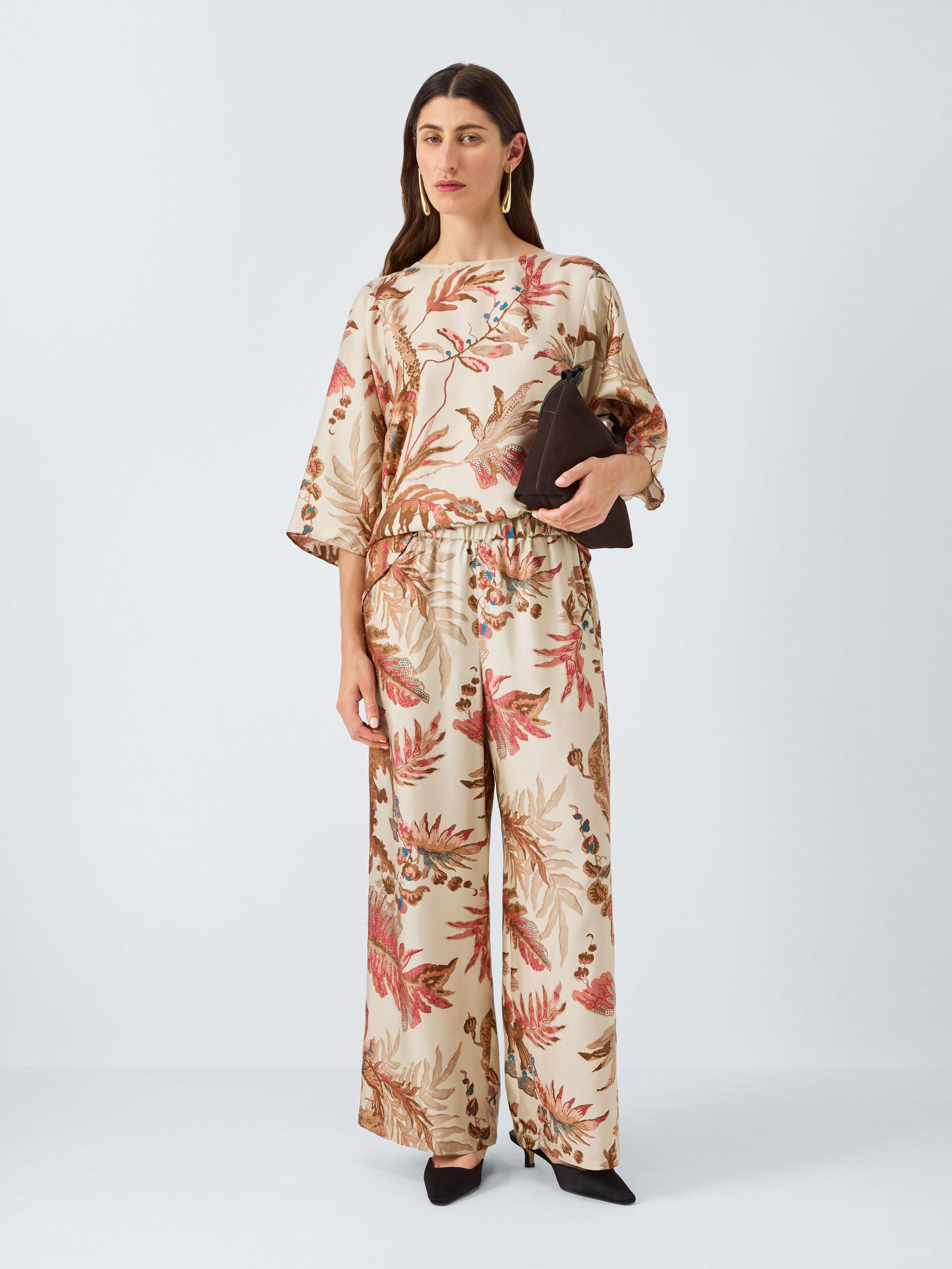 Product image 3 of 6, which shows Weekend MaxMara Temide Botanical Pure Silk Trousers, Beige/Multi, 6