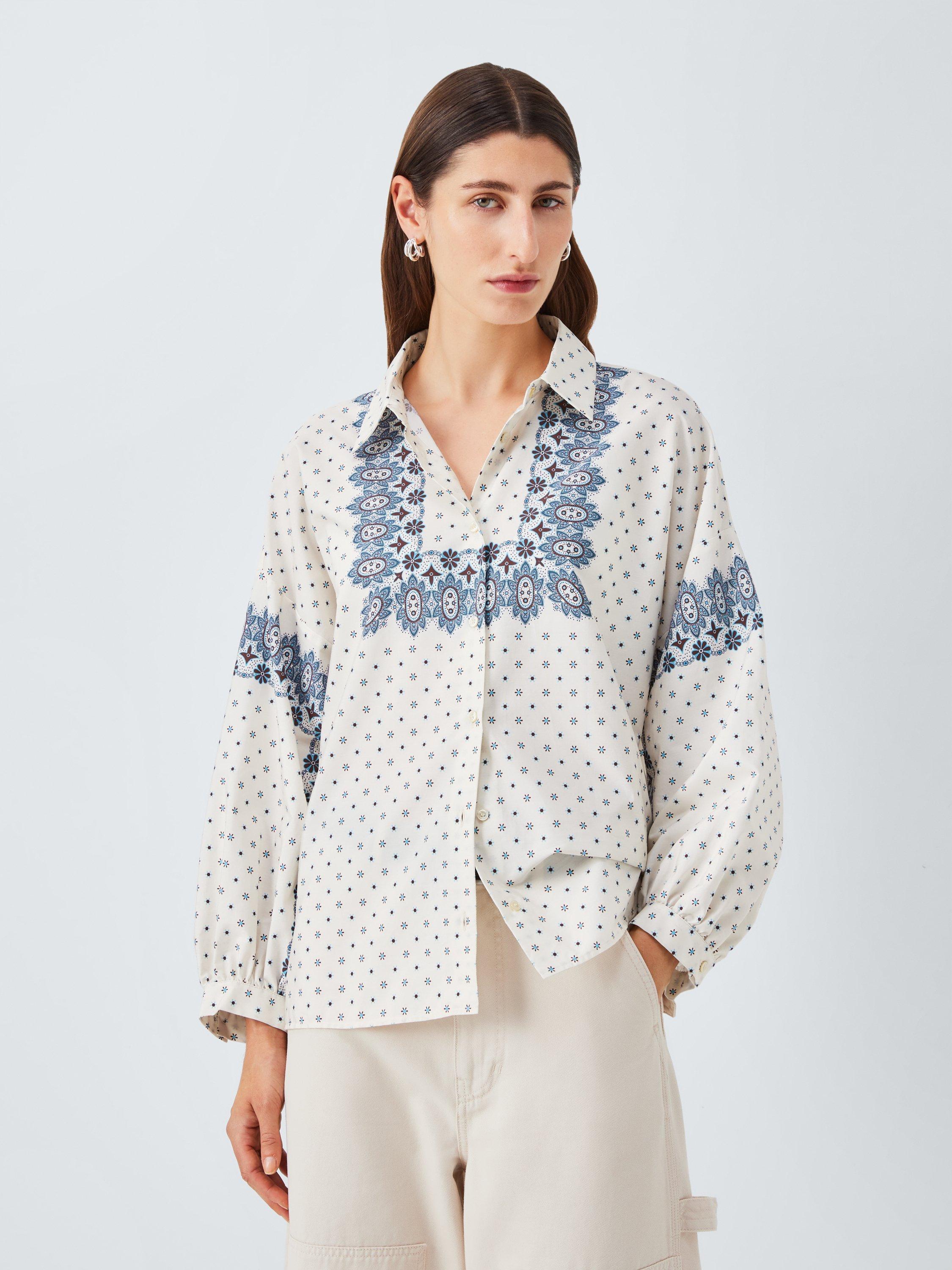 Weekend MaxMara Adda Geometric Print Button Neck Long Sleeve Shirt