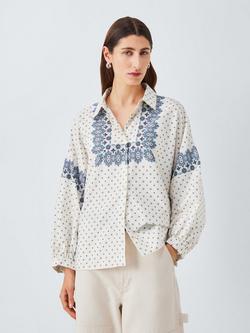 Weekend MaxMara Adda Geometric Print Button Neck Long Sleeve Shirt, Ivory