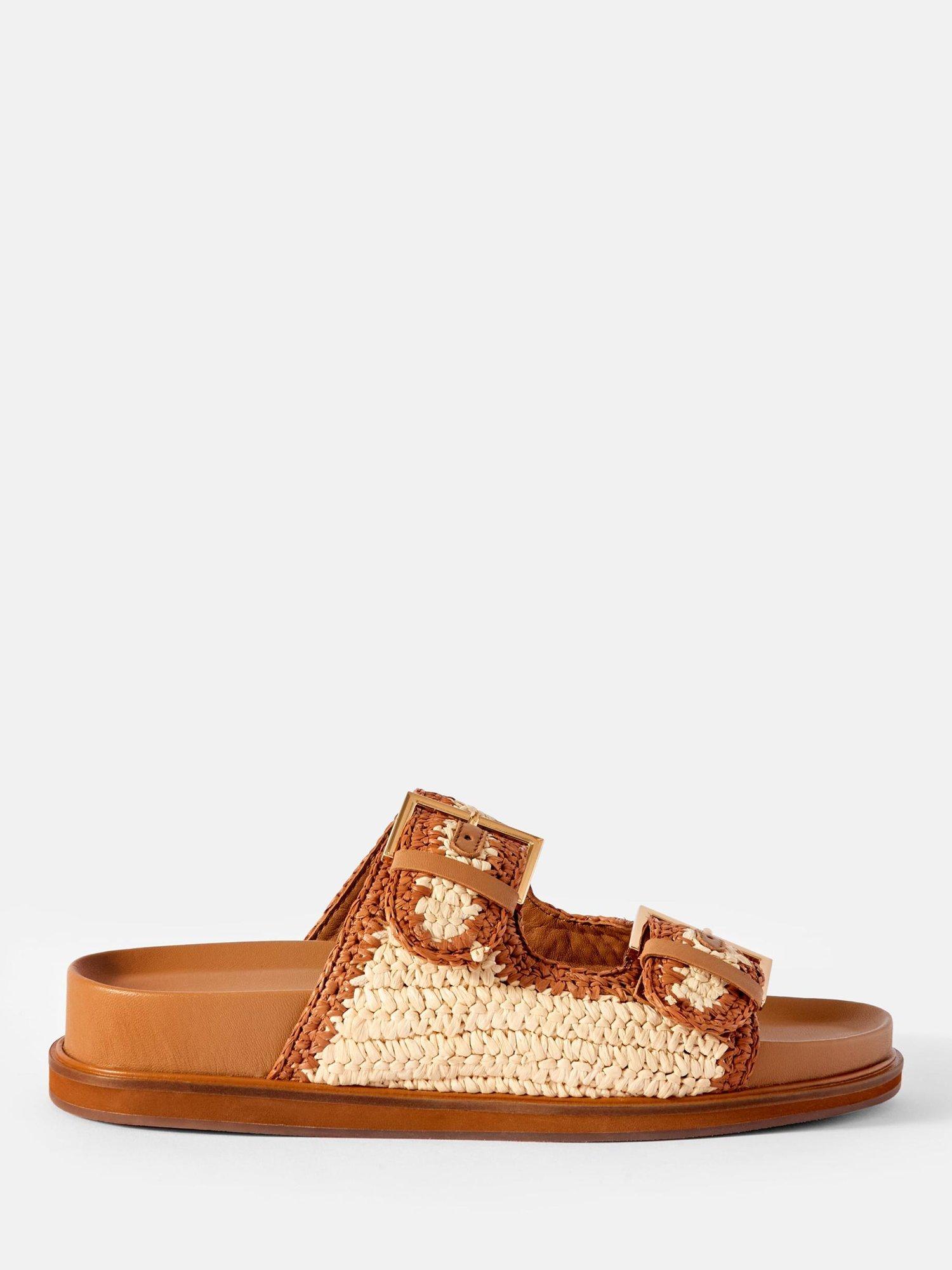 Product image 1 of 5, which shows Mint Velvet Raffia Slider Sandals, Tan/Cream, 4