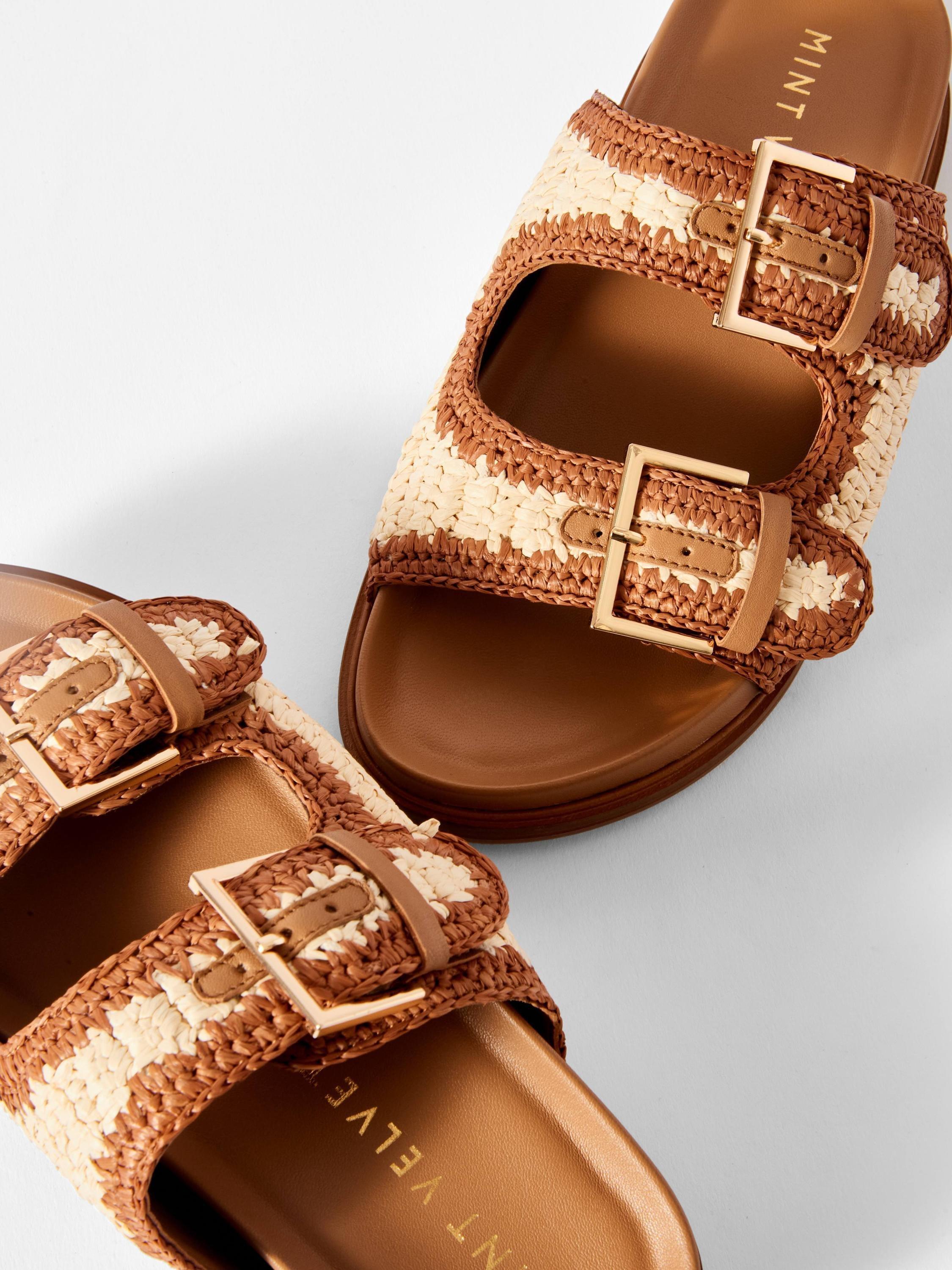Product image 5 of 5, which shows Mint Velvet Raffia Slider Sandals, Tan/Cream, 4