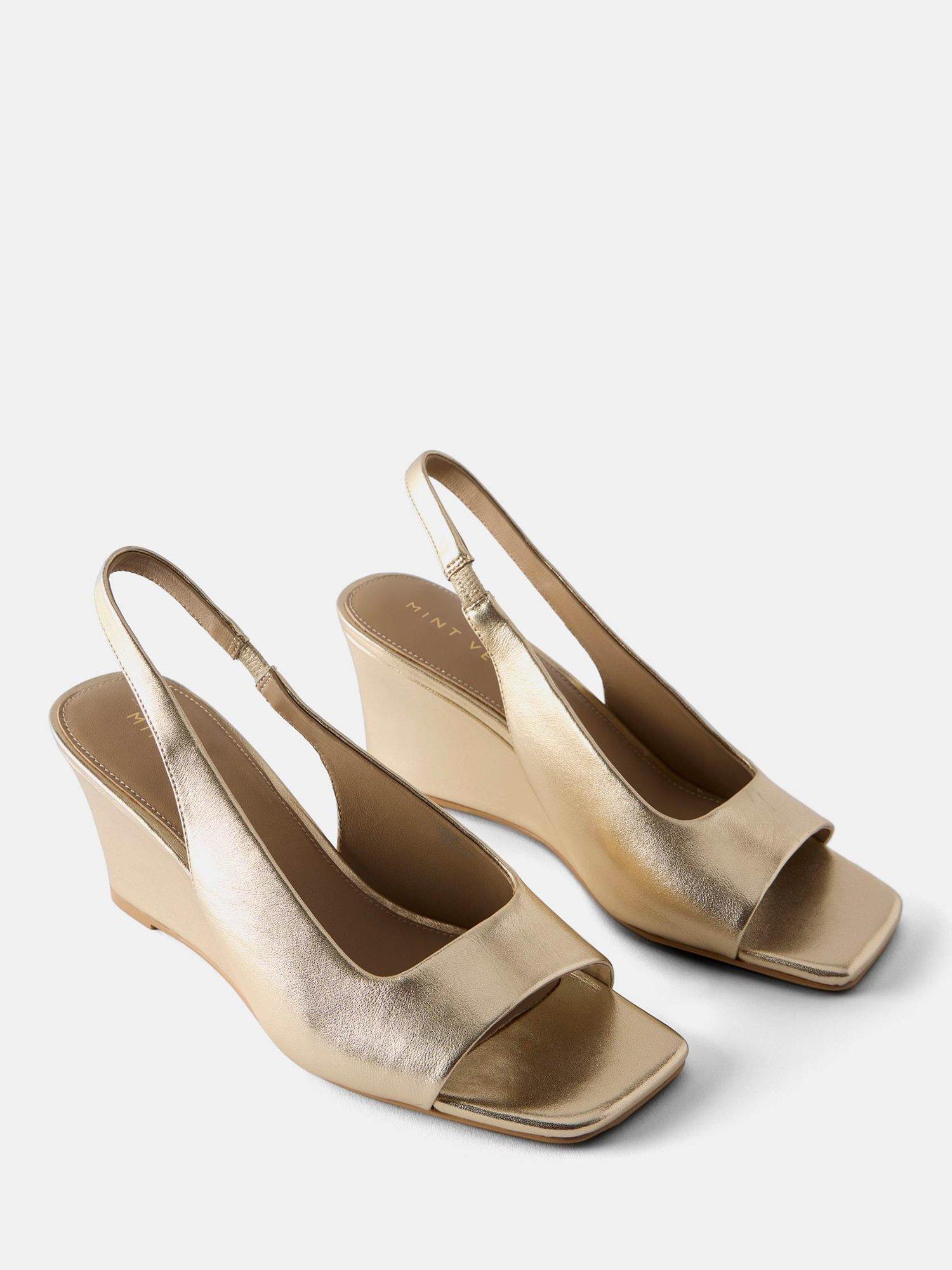 Product image 3 of 5, which shows Mint Velvet Sasha Leather Wedge Heel Sandals, Gold, 3