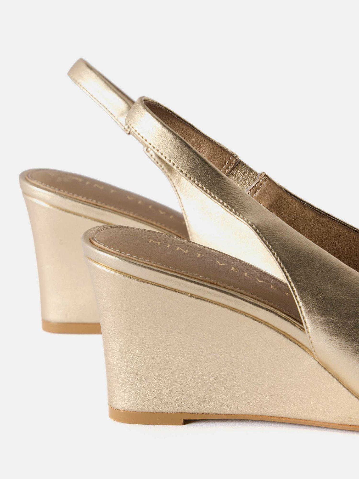 Product image 4 of 5, which shows Mint Velvet Sasha Leather Wedge Heel Sandals, Gold, 3