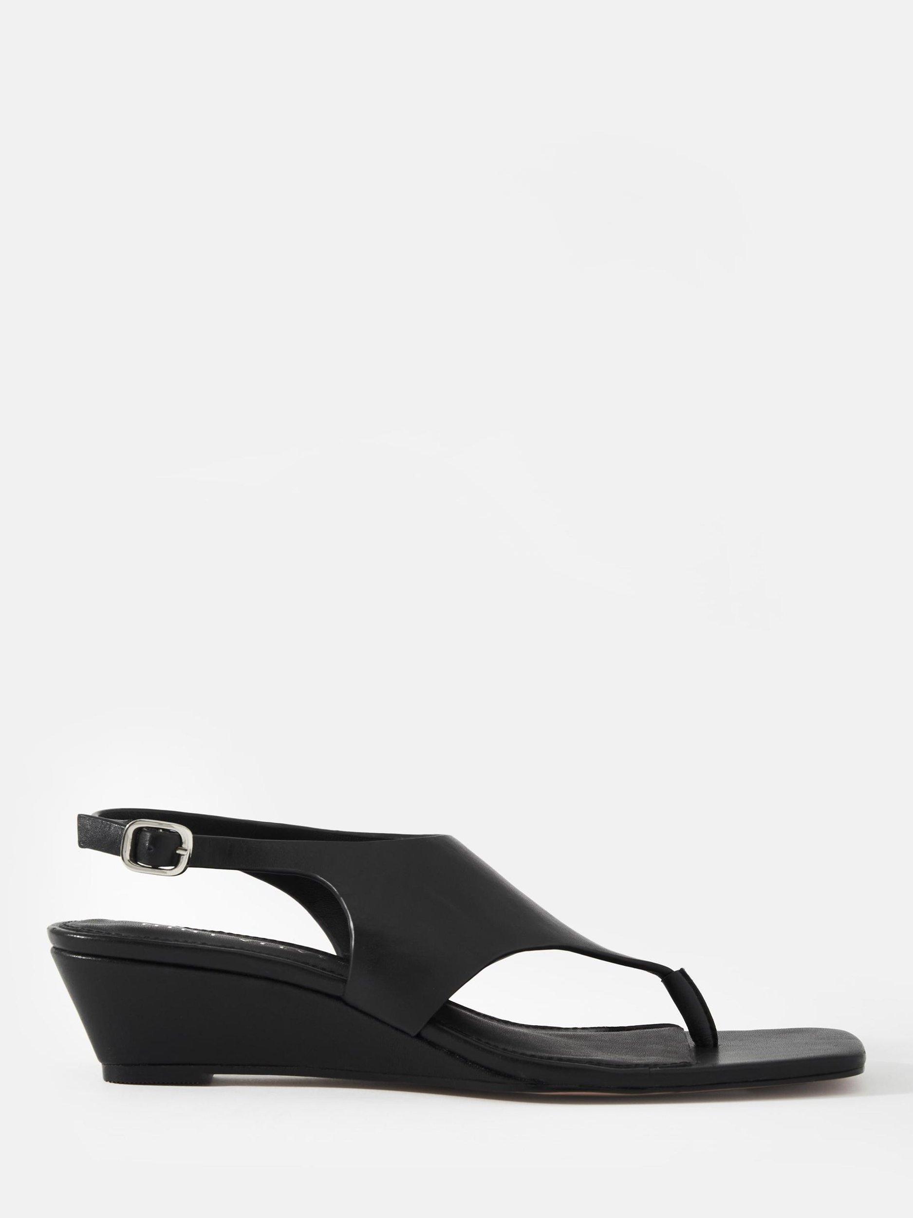 Product image 1 of 3, which shows Mint Velvet Cyra Leather Wedge Heel Flip Flops, Black, 3