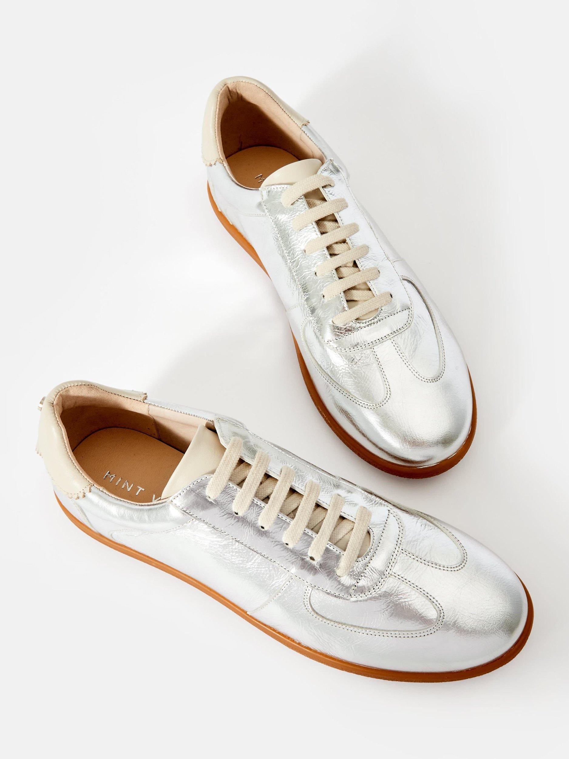 Product image 3 of 3, which shows Mint Velvet Mia Leather Lace Up Trainers, Silver, 3