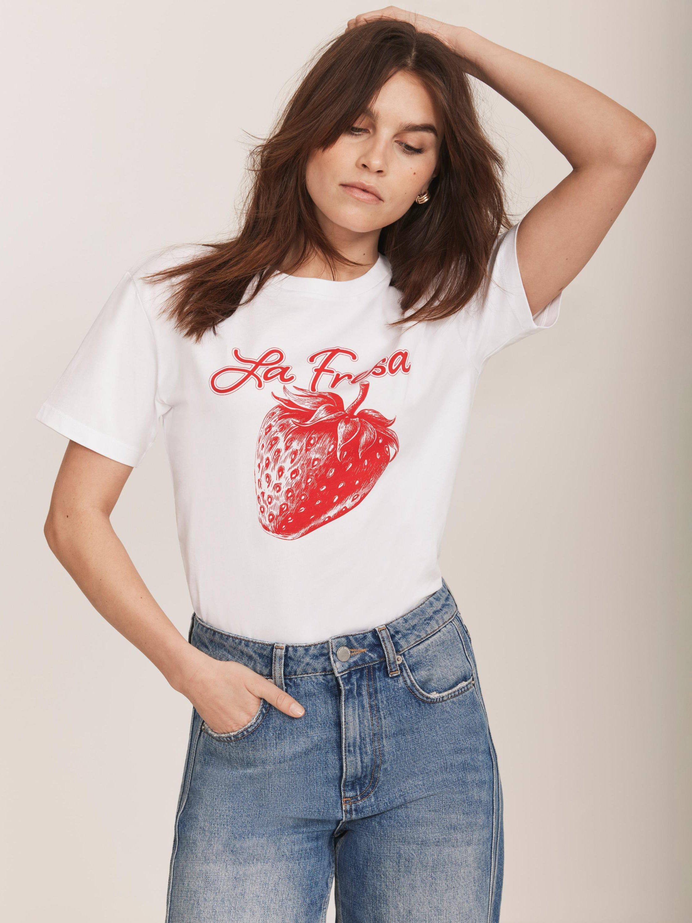 Product image 2 of 7, which shows Mint Velvet Strawberry Graphic T-Shirt, White/Multi, XS