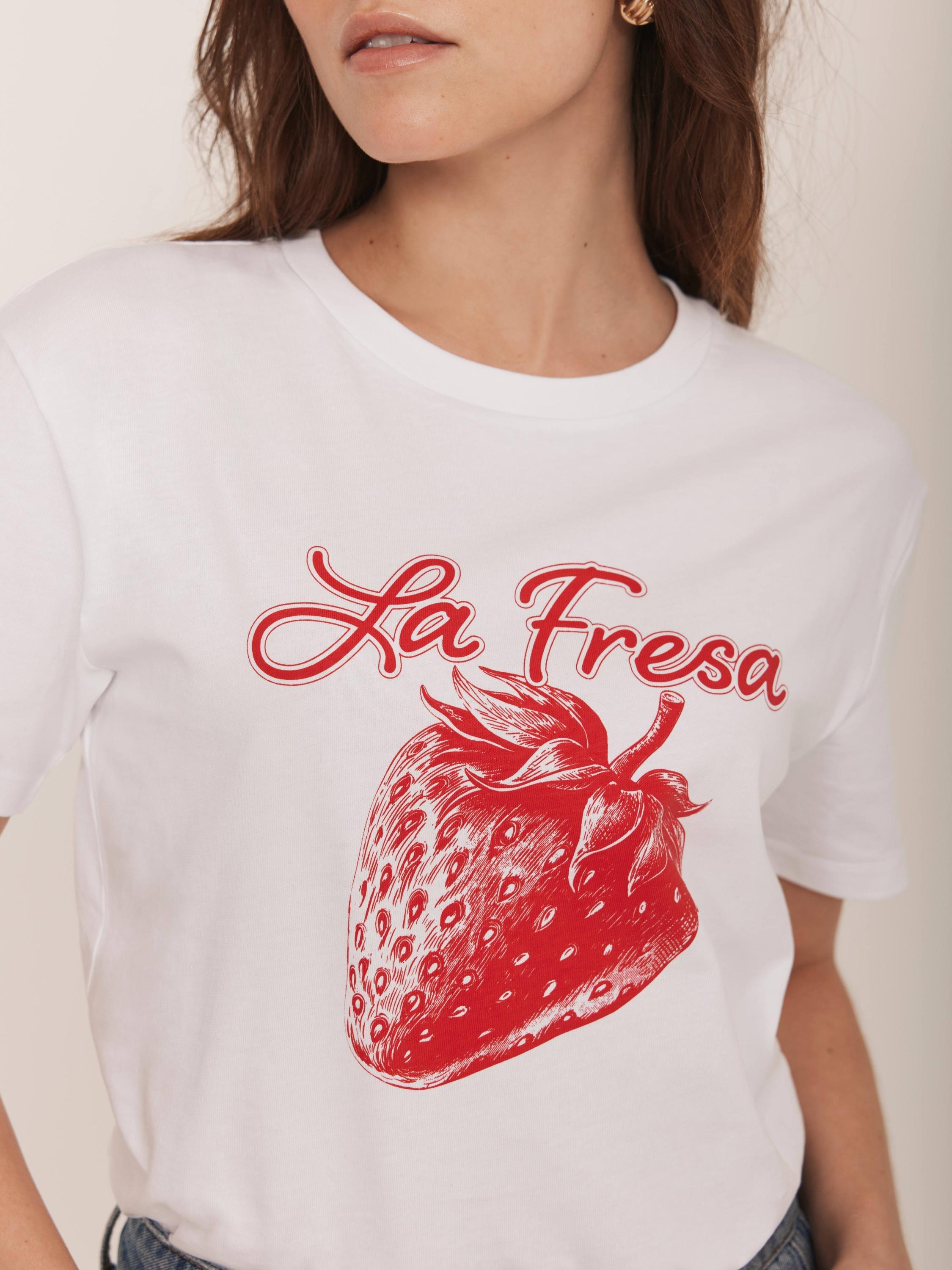 Product image 3 of 7, which shows Mint Velvet Strawberry Graphic T-Shirt, White/Multi, XS