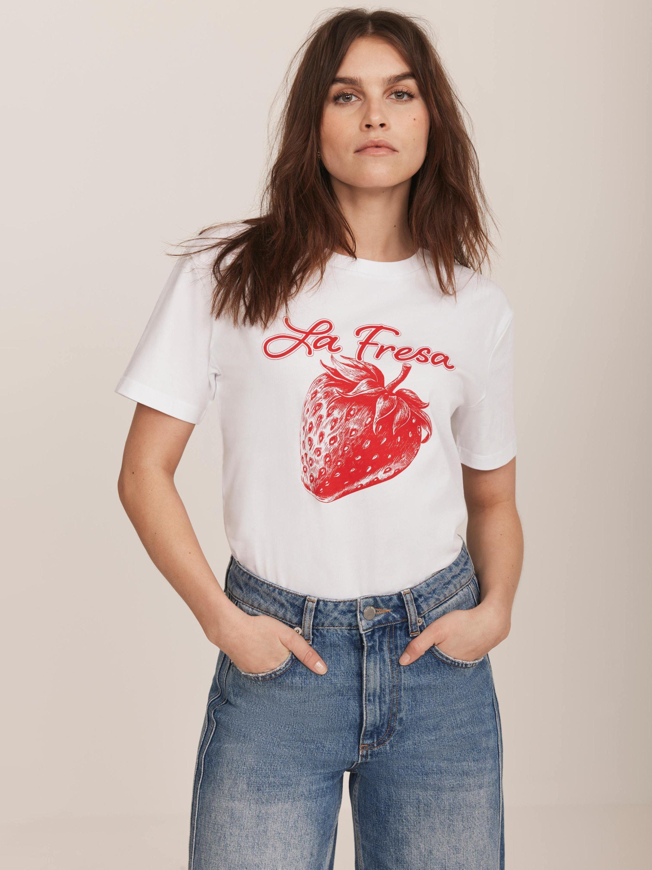 Product image 4 of 7, which shows Mint Velvet Strawberry Graphic T-Shirt, White/Multi, XS